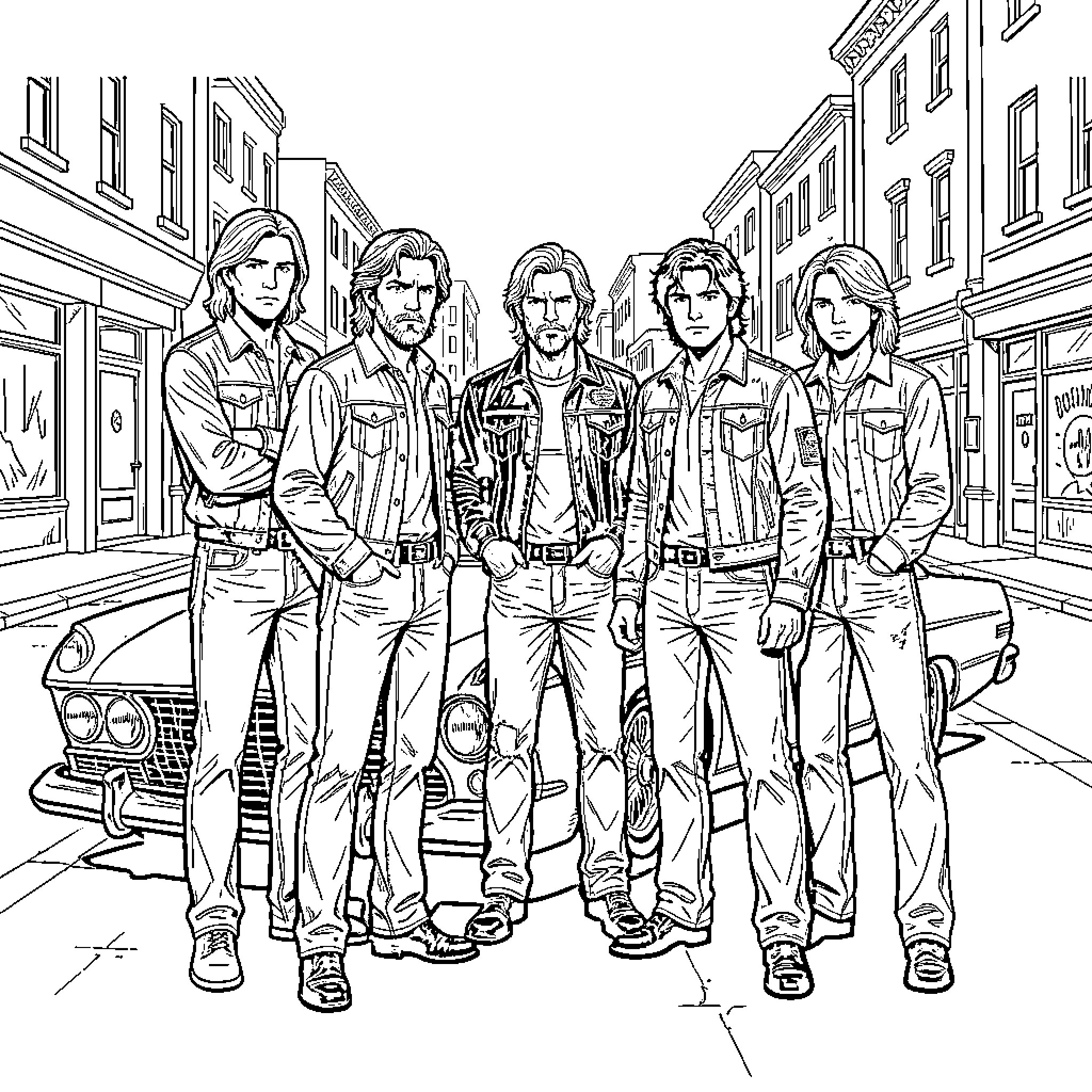 Outsiders standing together posing in front of a car Coloring Page (free black-and-white line drawing printable PDF for all, from beginners to advanced learners, including children, teens, adults, and seniors)