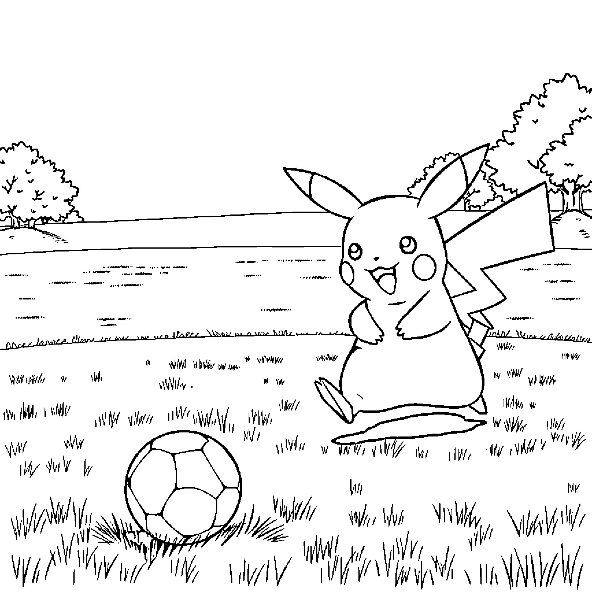 Pikachu playing happily with soccer ball in nature Coloring Page (free black-and-white line drawing printable PDF for all, from beginners to advanced learners, including children, teens, adults, and seniors)