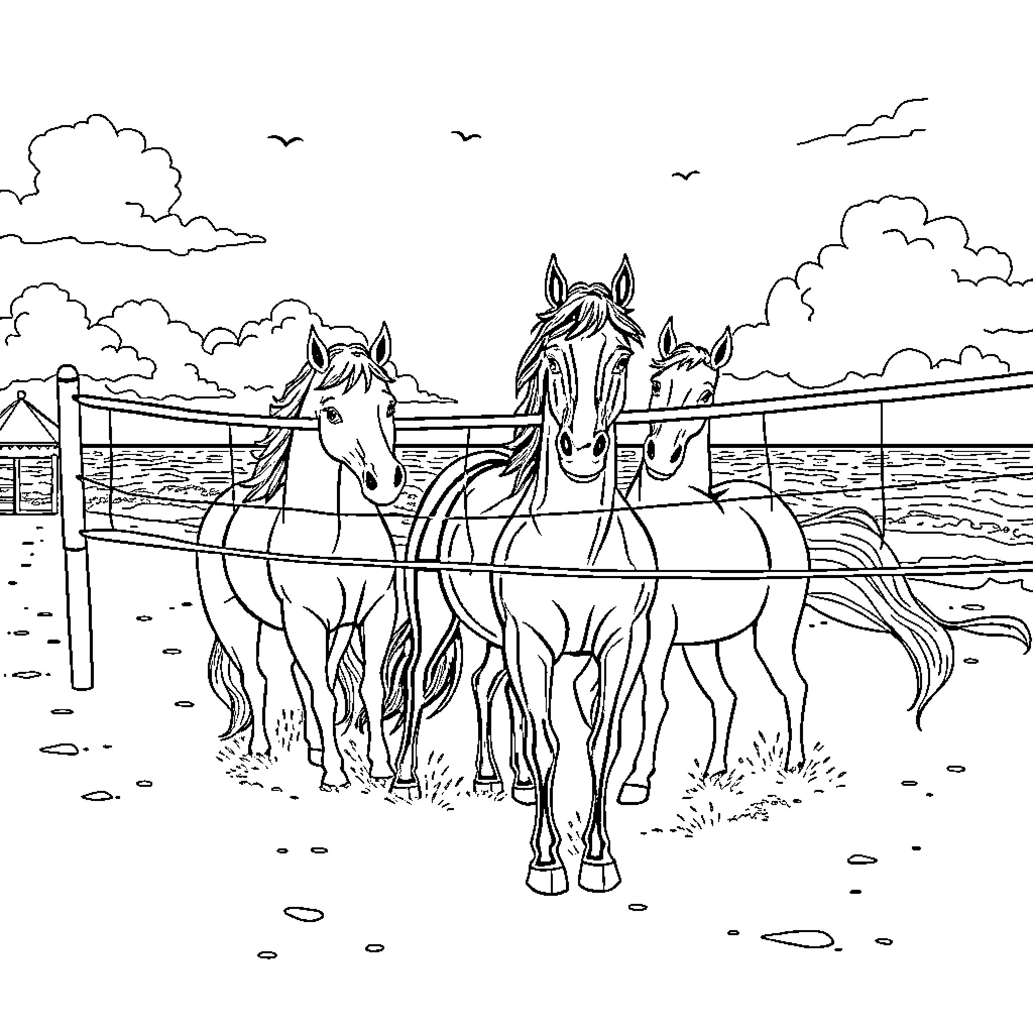 Horse trio in a pastoral scene Coloring Page (free black-and-white line drawing printable PDF for all, from beginners to advanced learners, including children, teens, adults, and seniors)