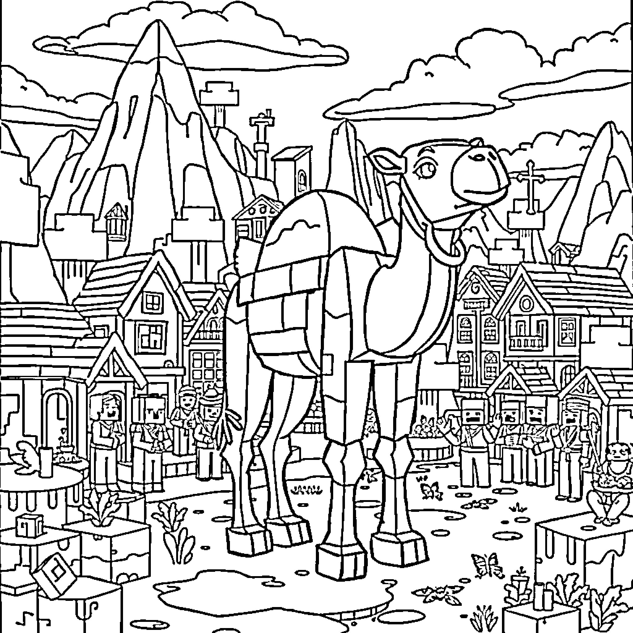 Camel standing in a fantastical city landscape Coloring Page (free black-and-white line drawing printable PDF for all, from beginners to advanced learners, including children, teens, adults, and seniors)