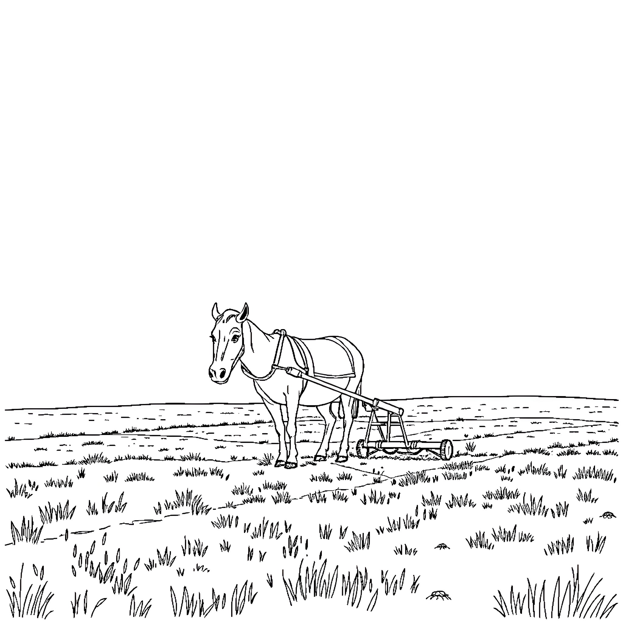Farmer plowing field with horse-drawn plow Coloring Page (free black-and-white line drawing printable PDF for all, from beginners to advanced learners, including children, teens, adults, and seniors)