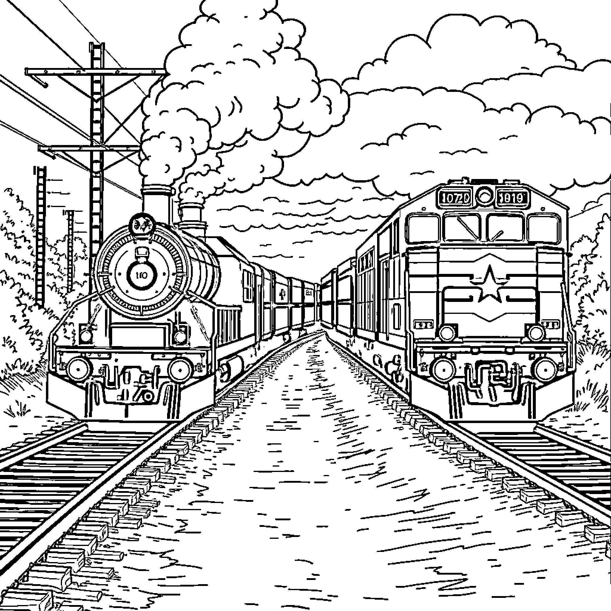 Train engines speeding down the tracks Coloring Page (free black-and-white line drawing printable PDF for all, from beginners to advanced learners, including children, teens, adults, and seniors)
