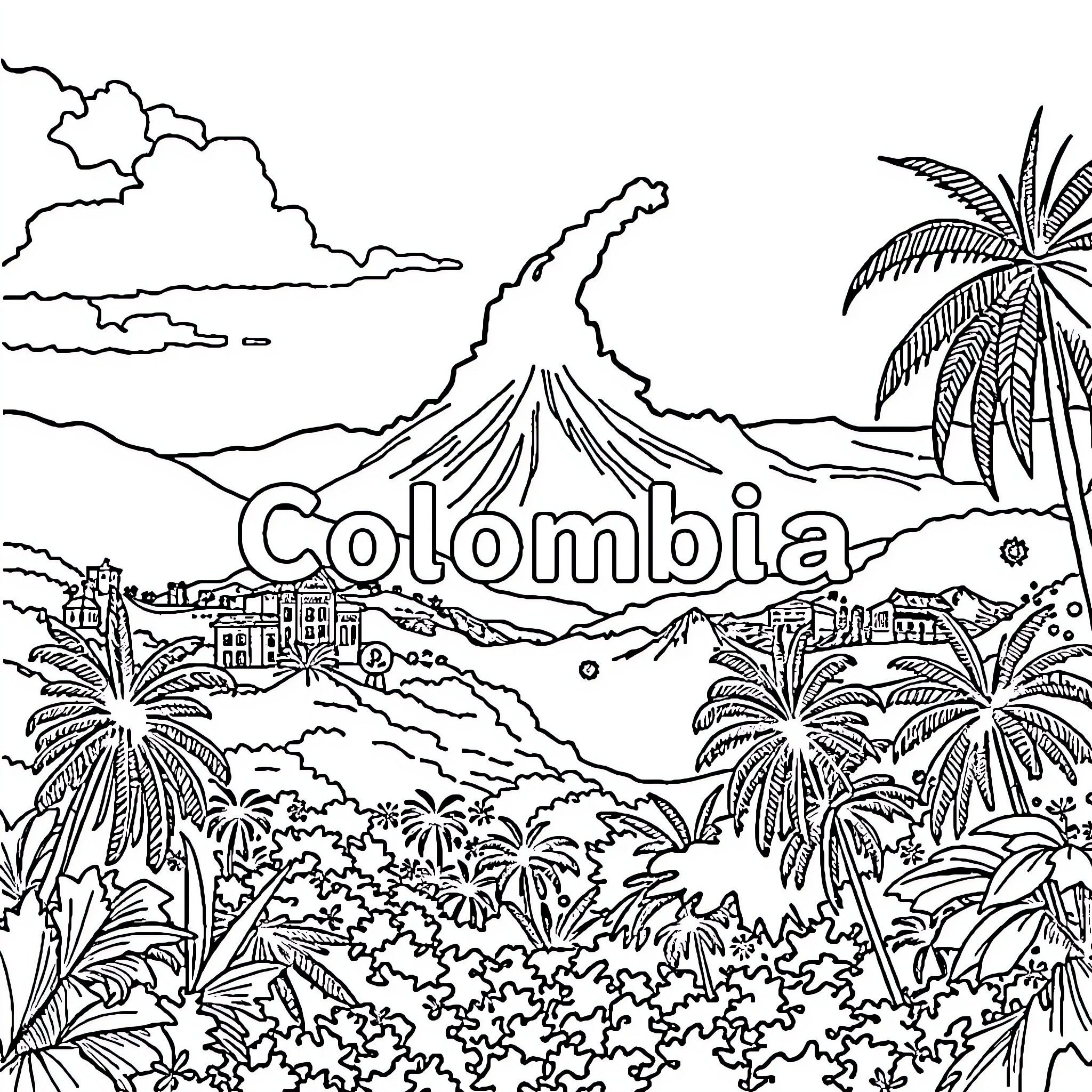 Colombia's scenic landscape with volcanoes and palm trees Coloring Page (free black-and-white line drawing printable PDF for all, from beginners to advanced learners, including children, teens, adults, and seniors)