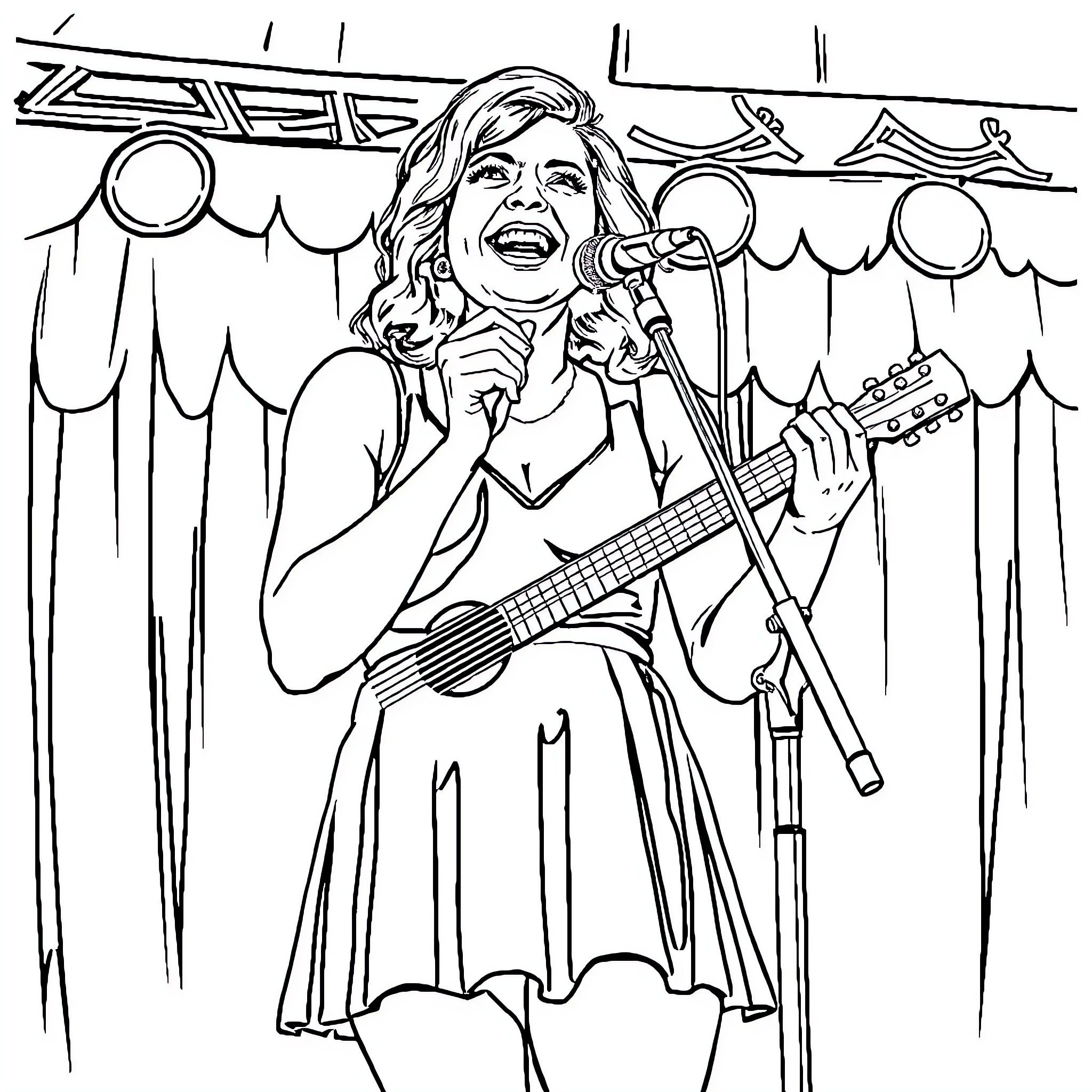 Molly Taylor performing on stage with a guitar Coloring Page (free black-and-white line drawing printable PDF for all, from beginners to advanced learners, including children, teens, adults, and seniors)