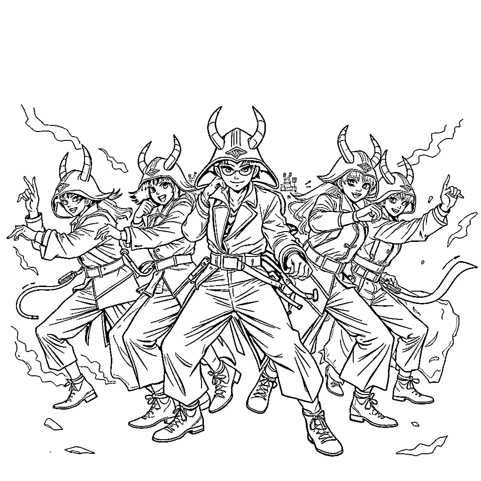 Demon Hunter Warriors in Epic Battle Stance Coloring Page (free black-and-white line drawing printable PDF for all, from beginners to advanced learners, including children, teens, adults, and seniors)