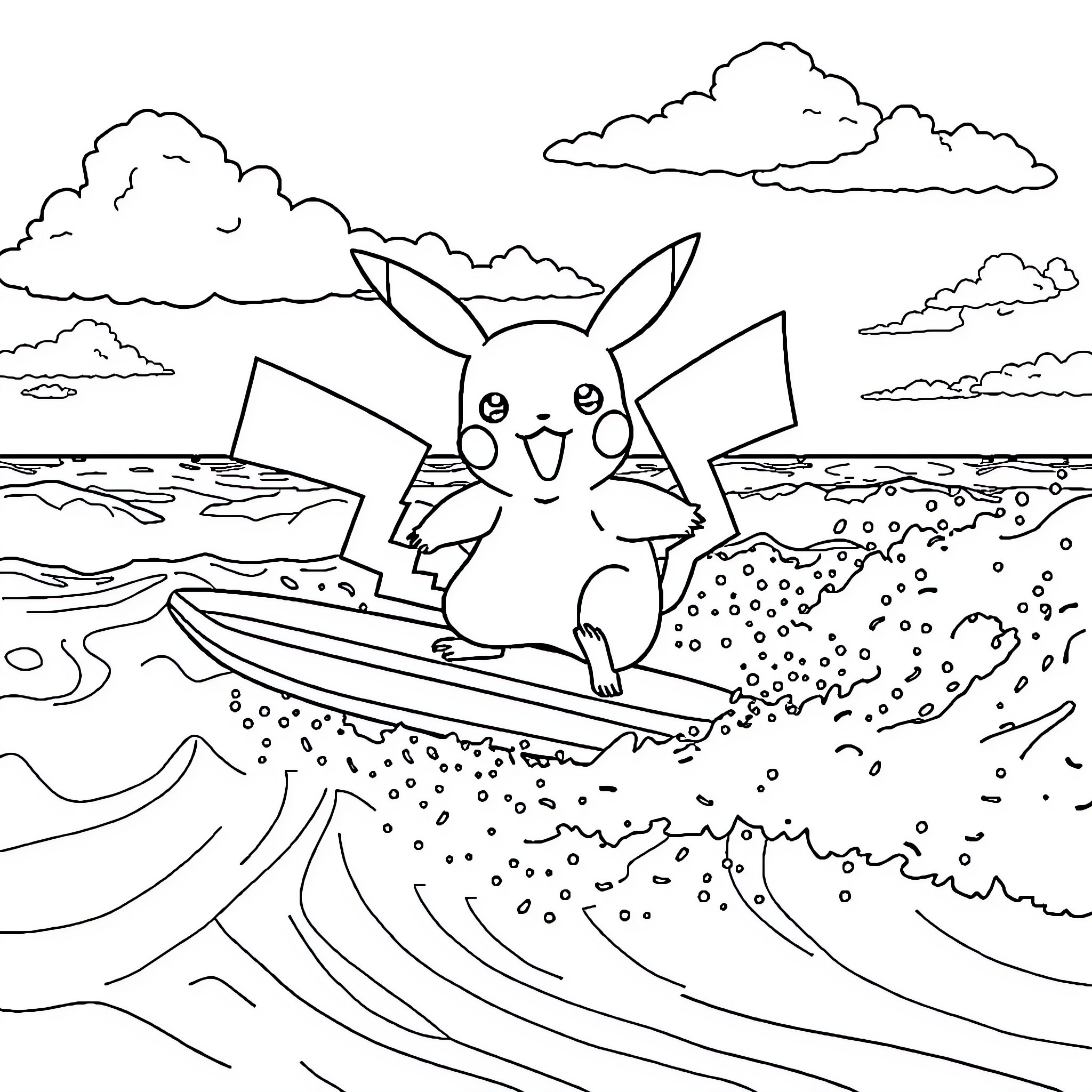 Pikachu surfing on the waves Coloring Page (free black-and-white line drawing printable PDF for all, from beginners to advanced learners, including children, teens, adults, and seniors)