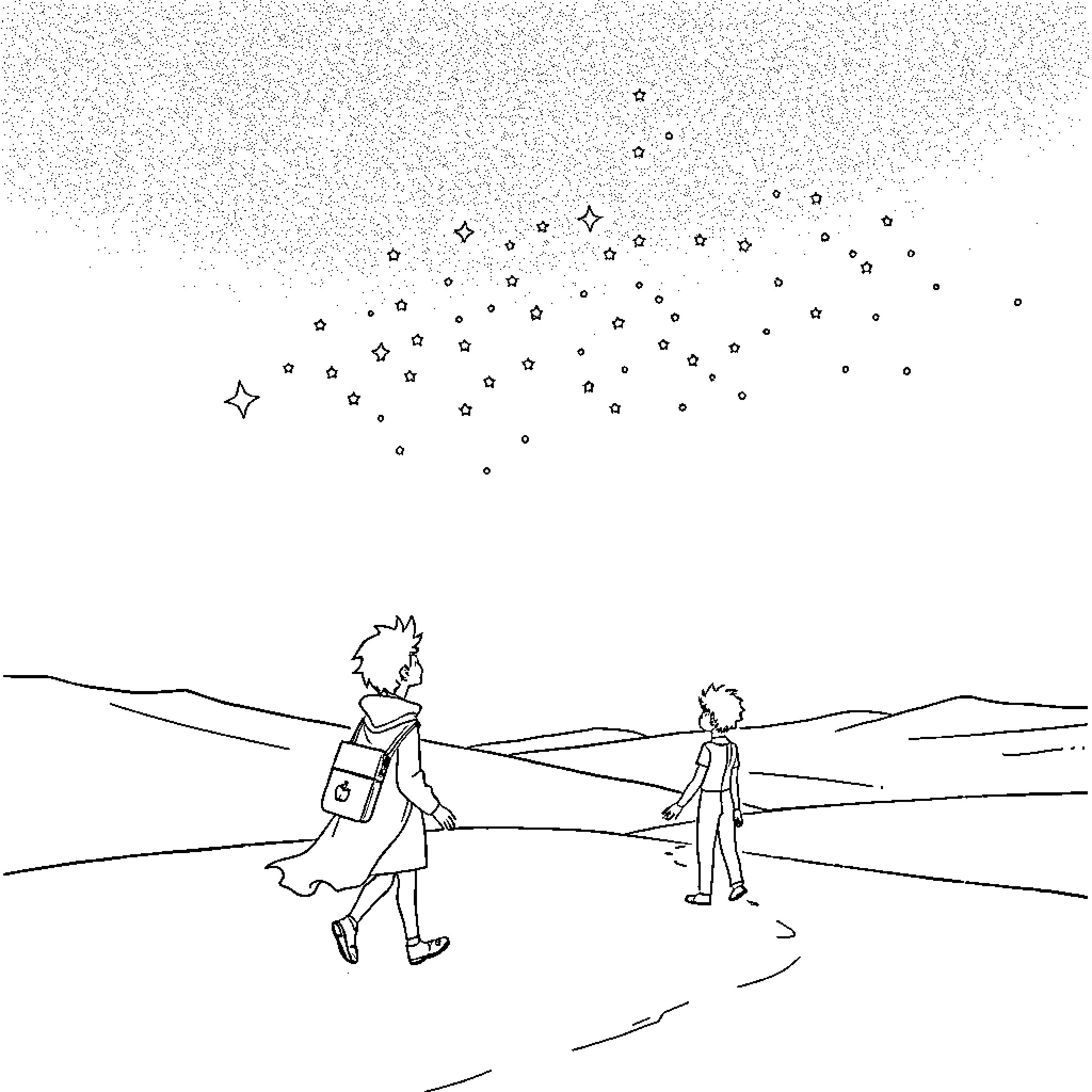Little Prince exploring the vast landscape with a friend Coloring Page (free black-and-white line drawing printable PDF for all, from beginners to advanced learners, including children, teens, adults, and seniors)