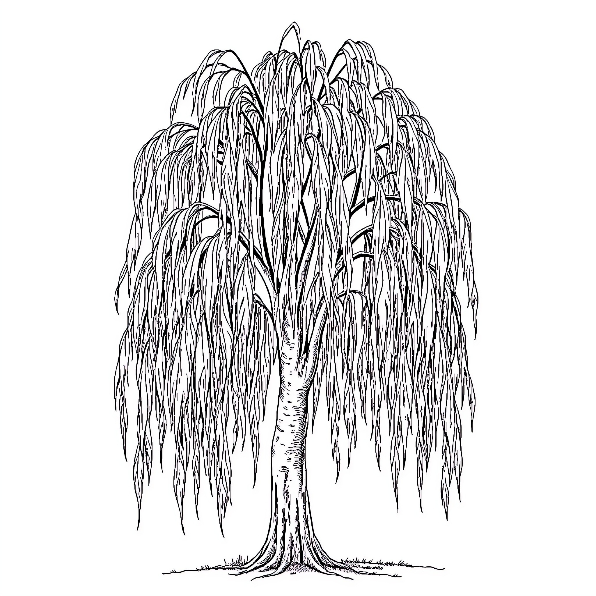 Willow tree with delicate hanging branches Coloring Page (free black-and-white line drawing printable PDF for all, from beginners to advanced learners, including children, teens, adults, and seniors)