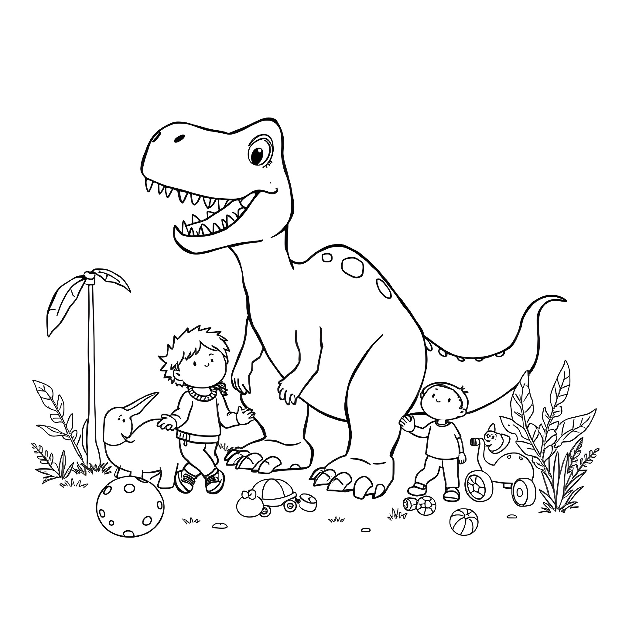 Dinosaur playing with kids in the park Coloring Page (free black-and-white line drawing printable PDF for all, from beginners to advanced learners, including children, teens, adults, and seniors)
