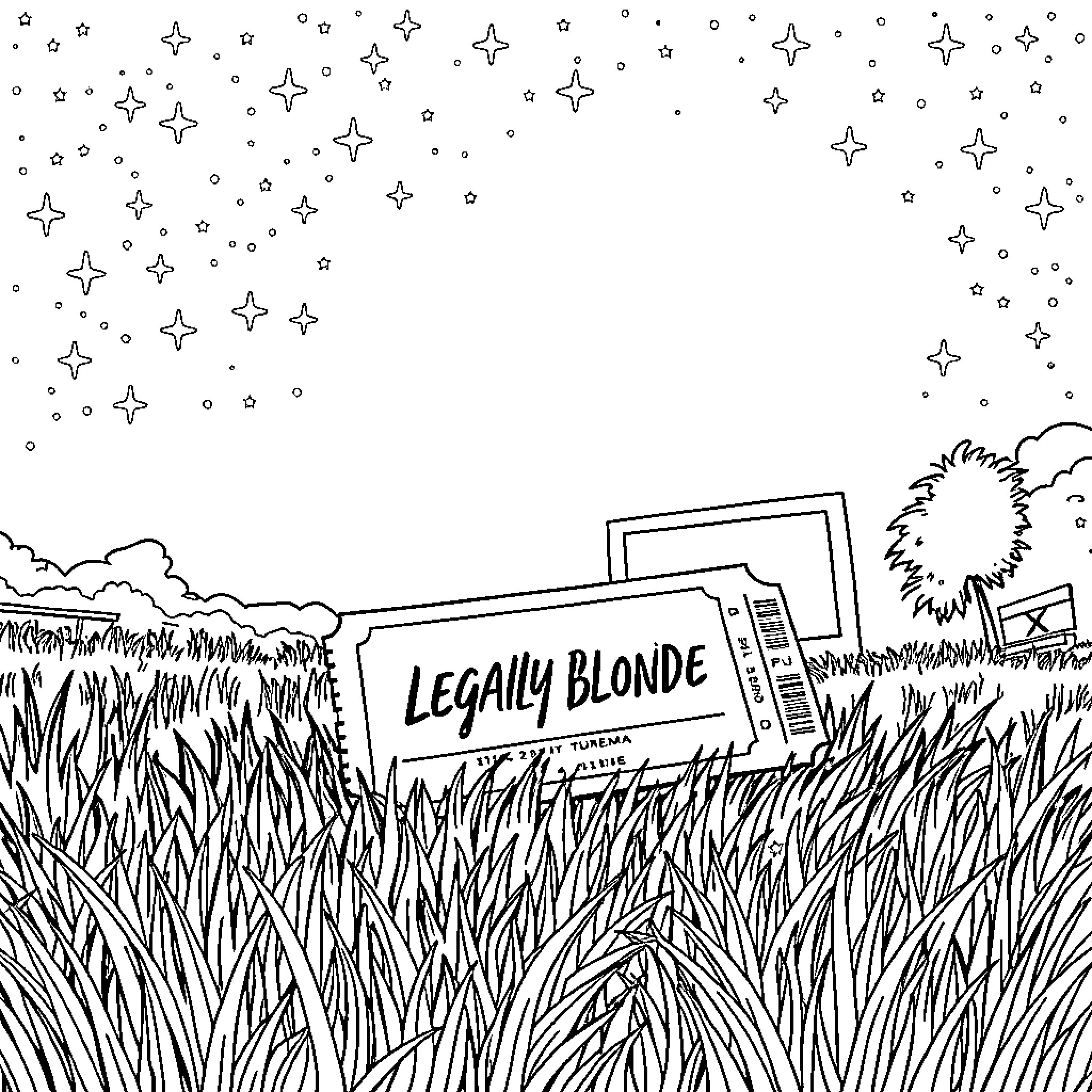 Movie Ticket: Legally Blonde in the Countryside Coloring Page (free black-and-white line drawing printable PDF for all, from beginners to advanced learners, including children, teens, adults, and seniors)