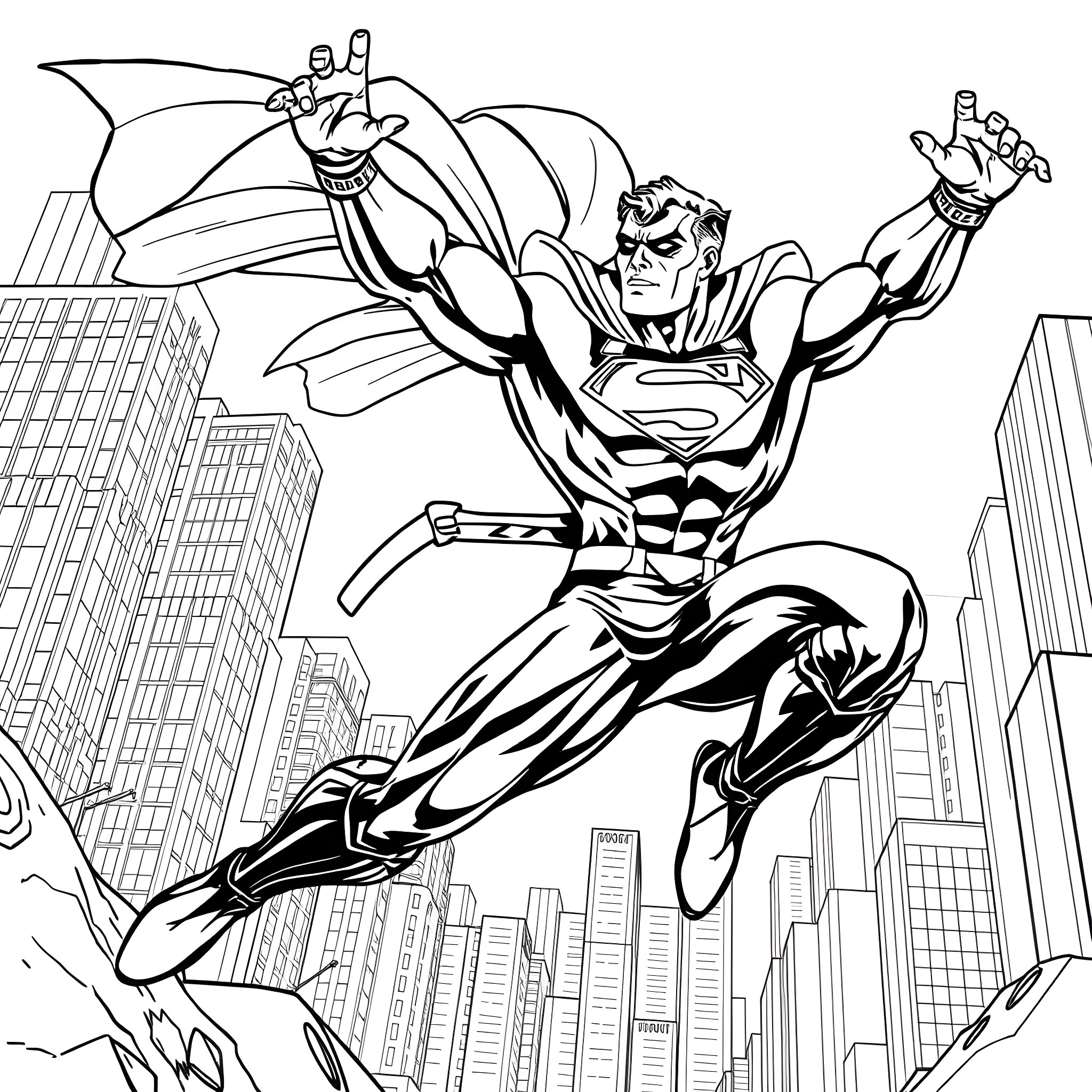 Black Panther Superhero in Action over City Skyline Coloring Page (free black-and-white line drawing printable PDF for all, from beginners to advanced learners, including children, teens, adults, and seniors)