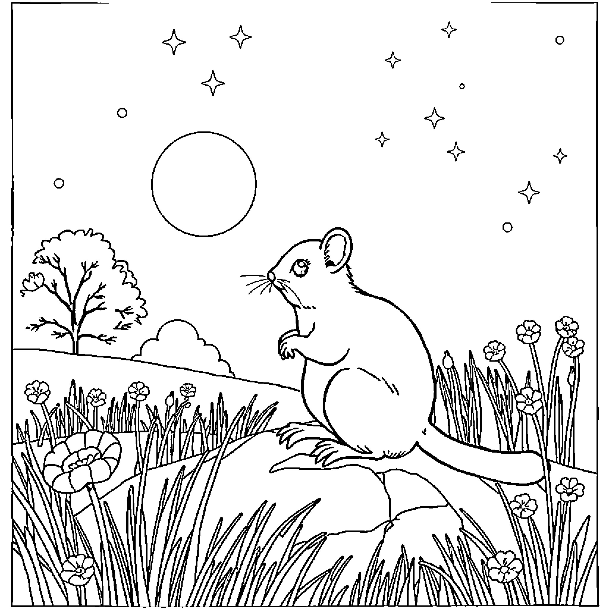 Mouse exploring the starry night landscape Coloring Page (free black-and-white line drawing printable PDF for all, from beginners to advanced learners, including children, teens, adults, and seniors)