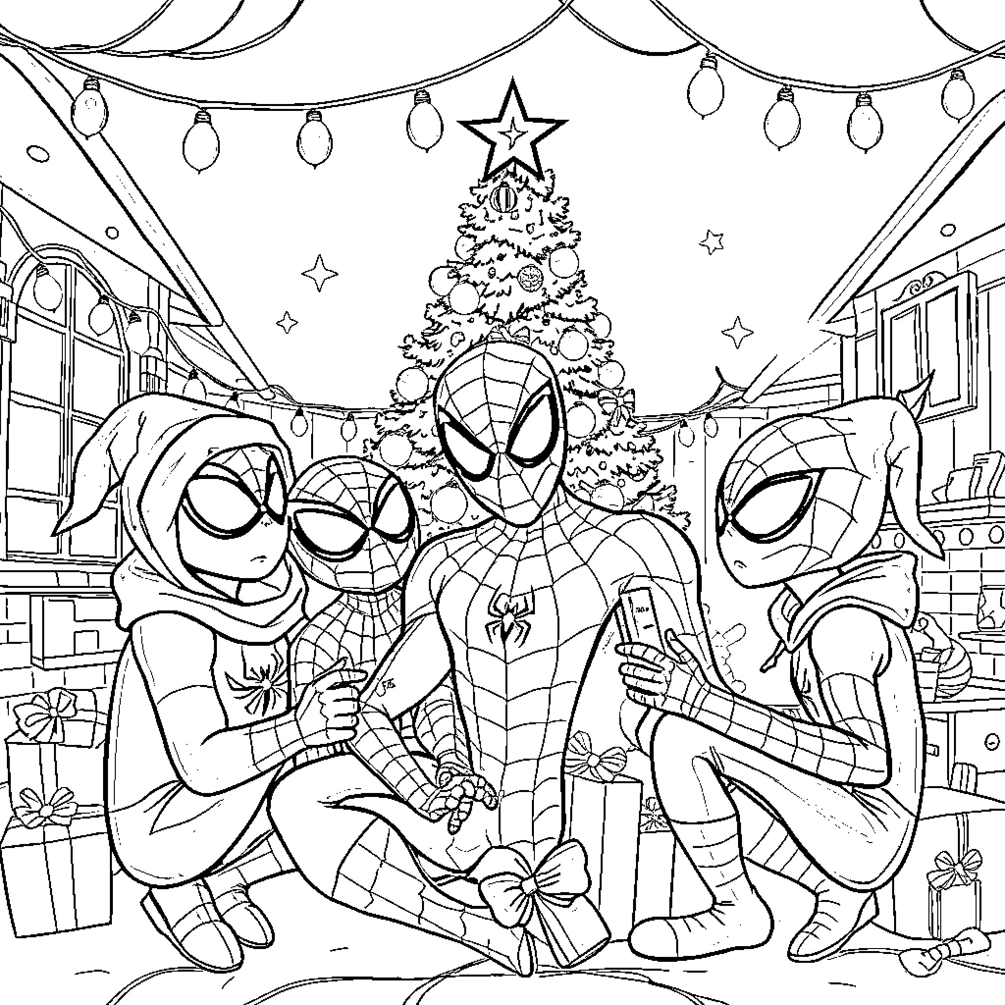 Spider-heroes celebrating Christmas together Coloring Page (free black-and-white line drawing printable PDF for all, from beginners to advanced learners, including children, teens, adults, and seniors)