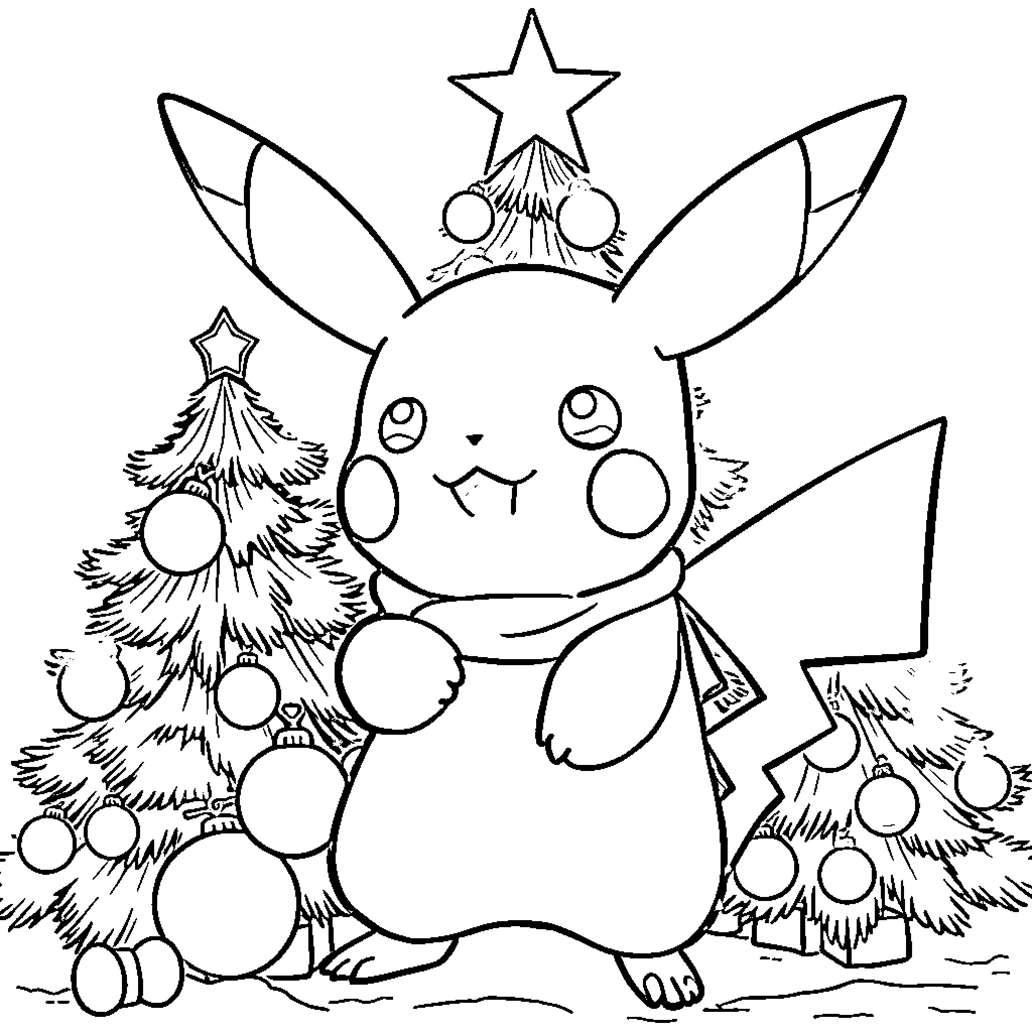 Pikachu decorating for the holidays Coloring Page (free black-and-white line drawing printable PDF for all, from beginners to advanced learners, including children, teens, adults, and seniors)