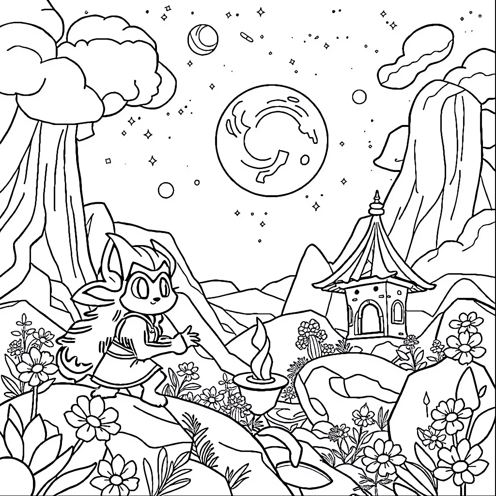Wakfu: Whimsical Adventures in a Fantastical Realm Coloring Page (free black-and-white line drawing printable PDF for all, from beginners to advanced learners, including children, teens, adults, and seniors)