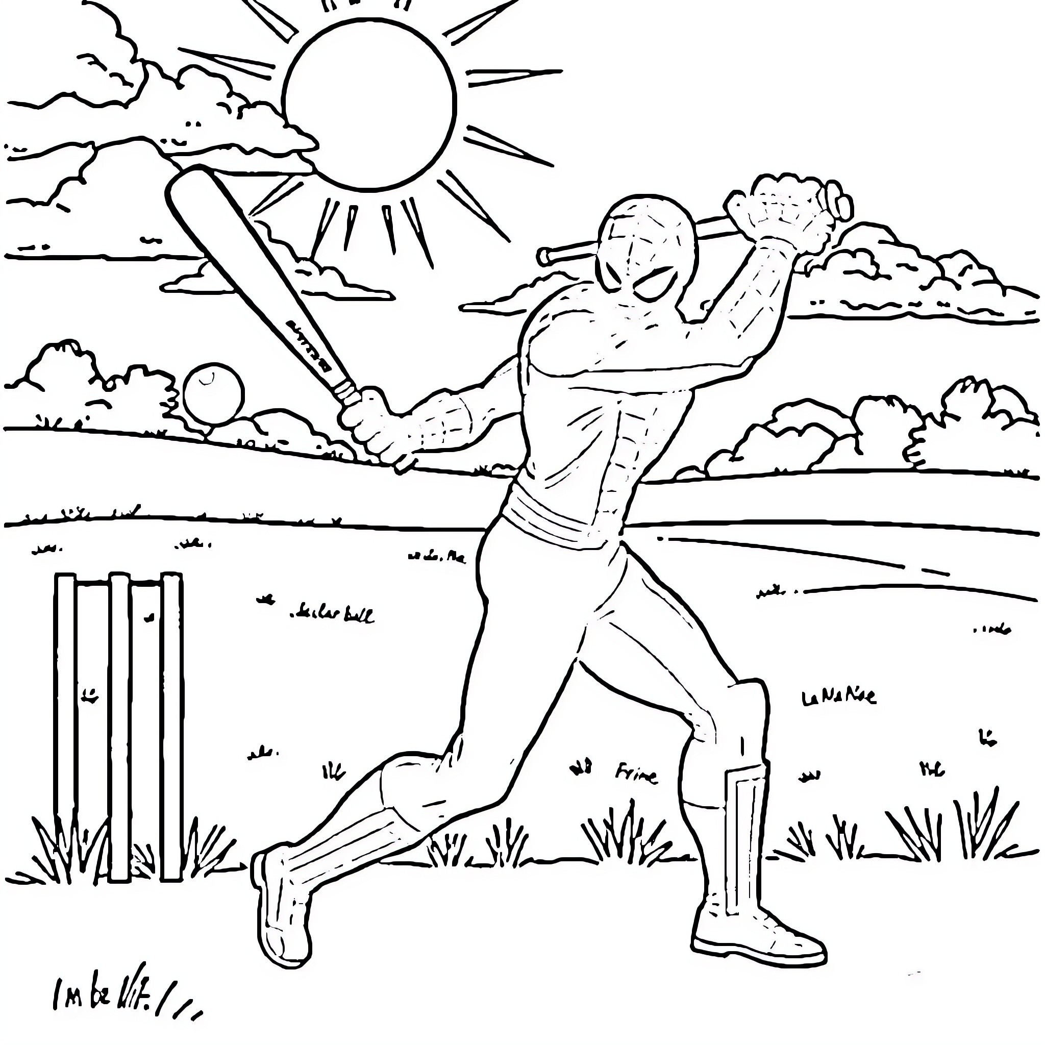 Spiderman batting cricket in a sunny field Coloring Page (free black-and-white line drawing printable PDF for all, from beginners to advanced learners, including children, teens, adults, and seniors)