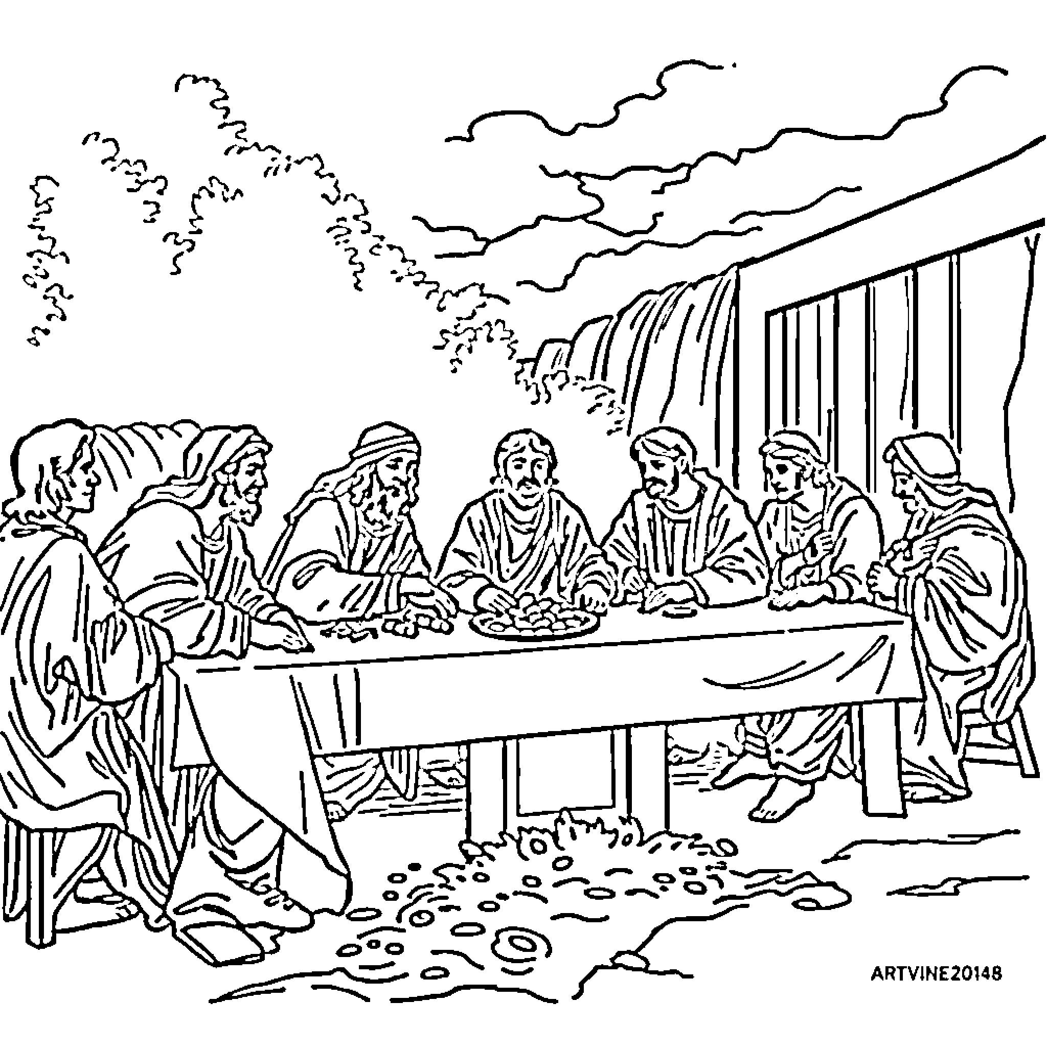 Last Supper - Solemn gathering of men around the table Coloring Page (free black-and-white line drawing printable PDF for all, from beginners to advanced learners, including children, teens, adults, and seniors)