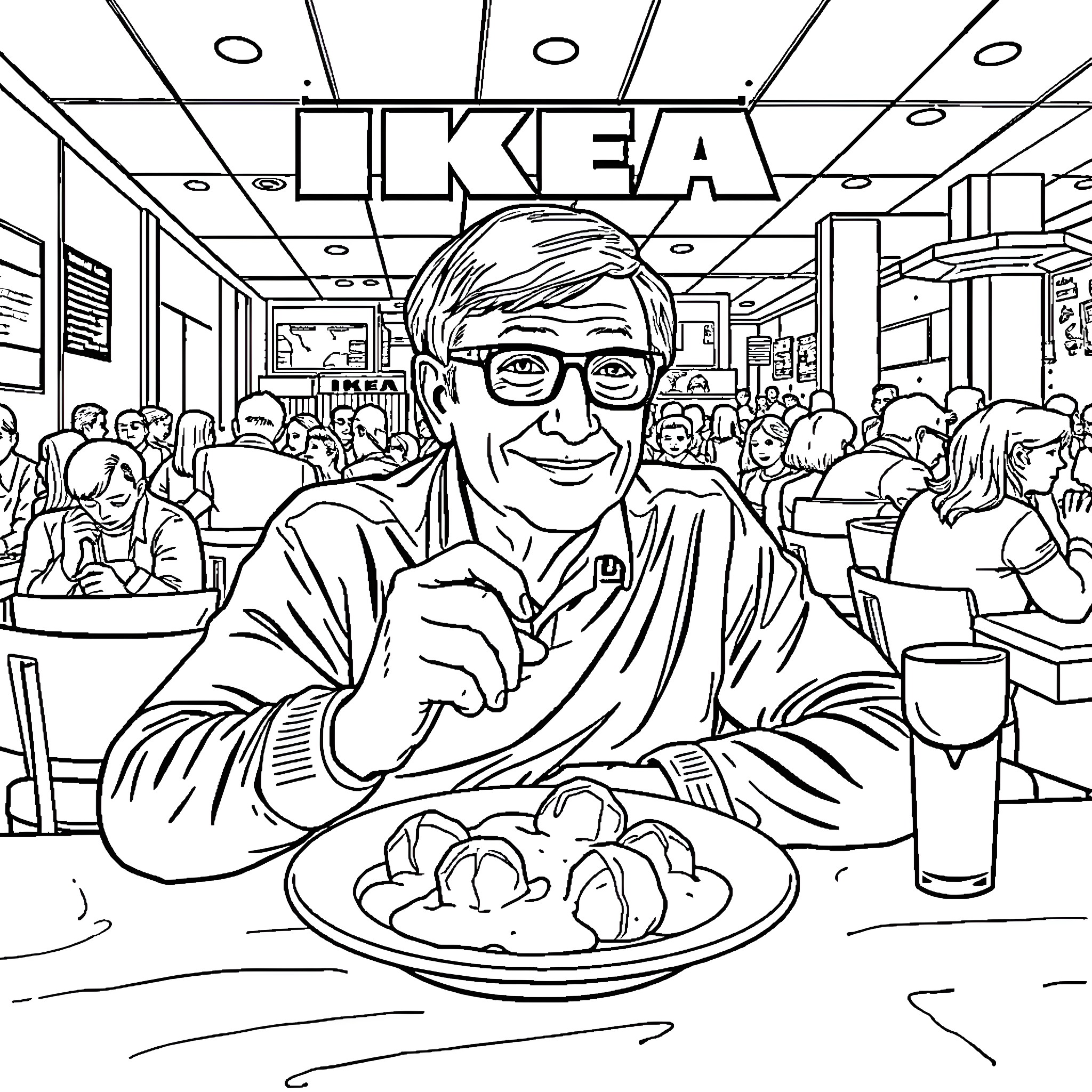Bill Gates enjoying a meal at an IKEA restaurant Coloring Page (free black-and-white line drawing printable PDF for all, from beginners to advanced learners, including children, teens, adults, and seniors)