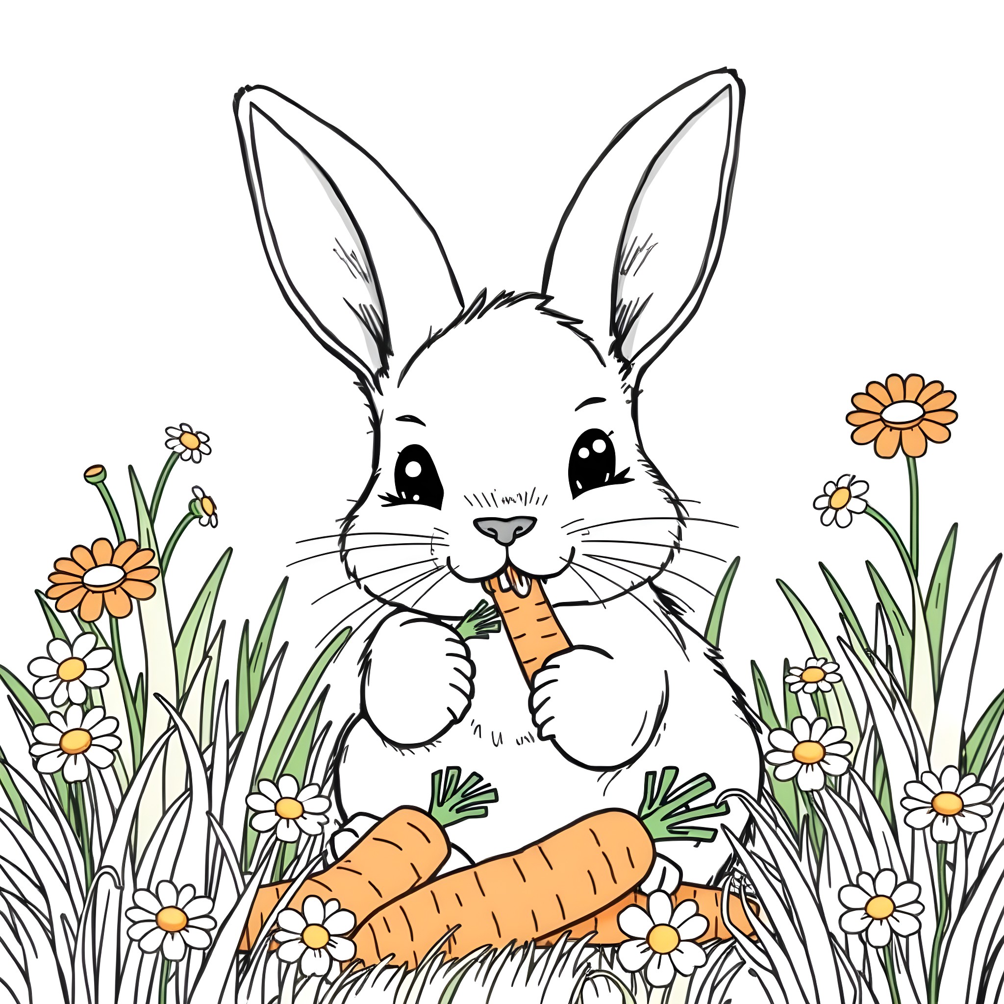 Rabbit feasting on carrots in the flowery meadow Coloring Page (free black-and-white line drawing printable PDF for all, from beginners to advanced learners, including children, teens, adults, and seniors)