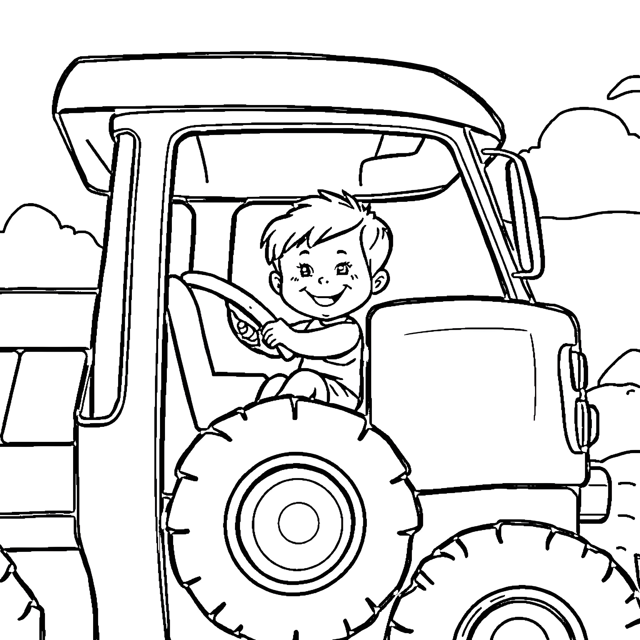 Toddler happily driving a tractor on the farm Coloring Page (free black-and-white line drawing printable PDF for all, from beginners to advanced learners, including children, teens, adults, and seniors)