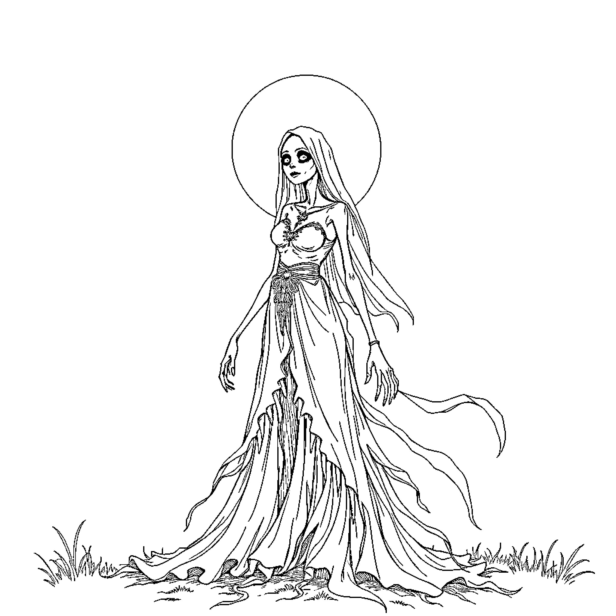 Corpse Bride in ethereal gown with flowing veil Coloring Page (free black-and-white line drawing printable PDF for all, from beginners to advanced learners, including children, teens, adults, and seniors)