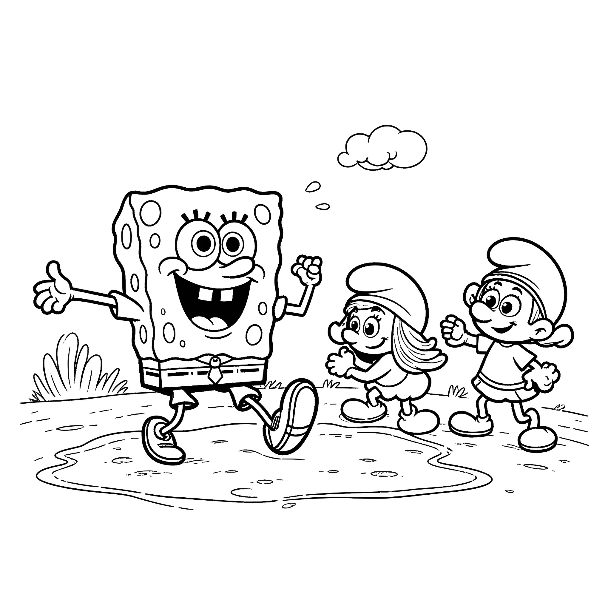 Spongebob and Smurfette having fun outdoors Coloring Page (free black-and-white line drawing printable PDF for all, from beginners to advanced learners, including children, teens, adults, and seniors)