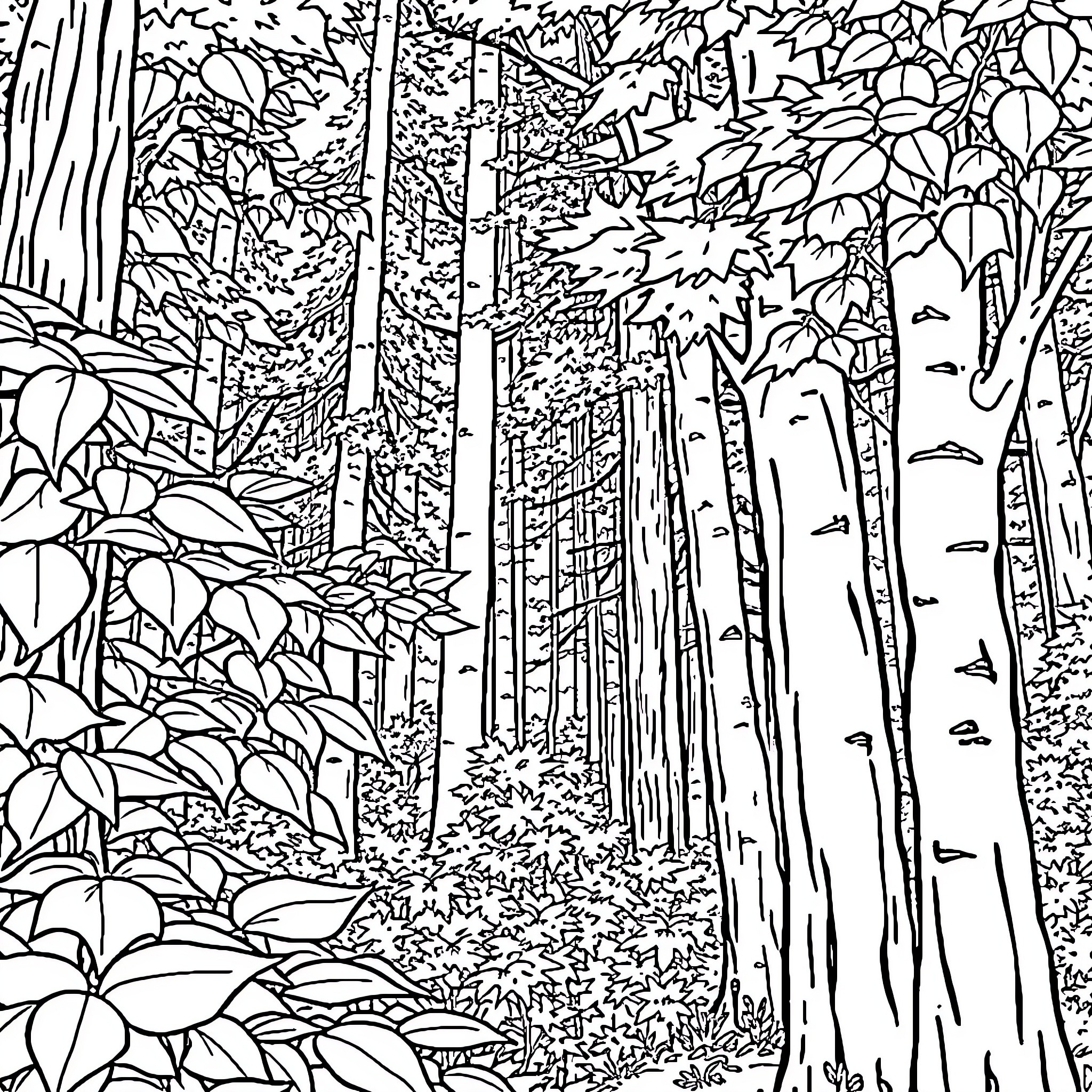 Leaf-filled Forest with Tall Trees Coloring Page (free black-and-white line drawing printable PDF for all, from beginners to advanced learners, including children, teens, adults, and seniors)