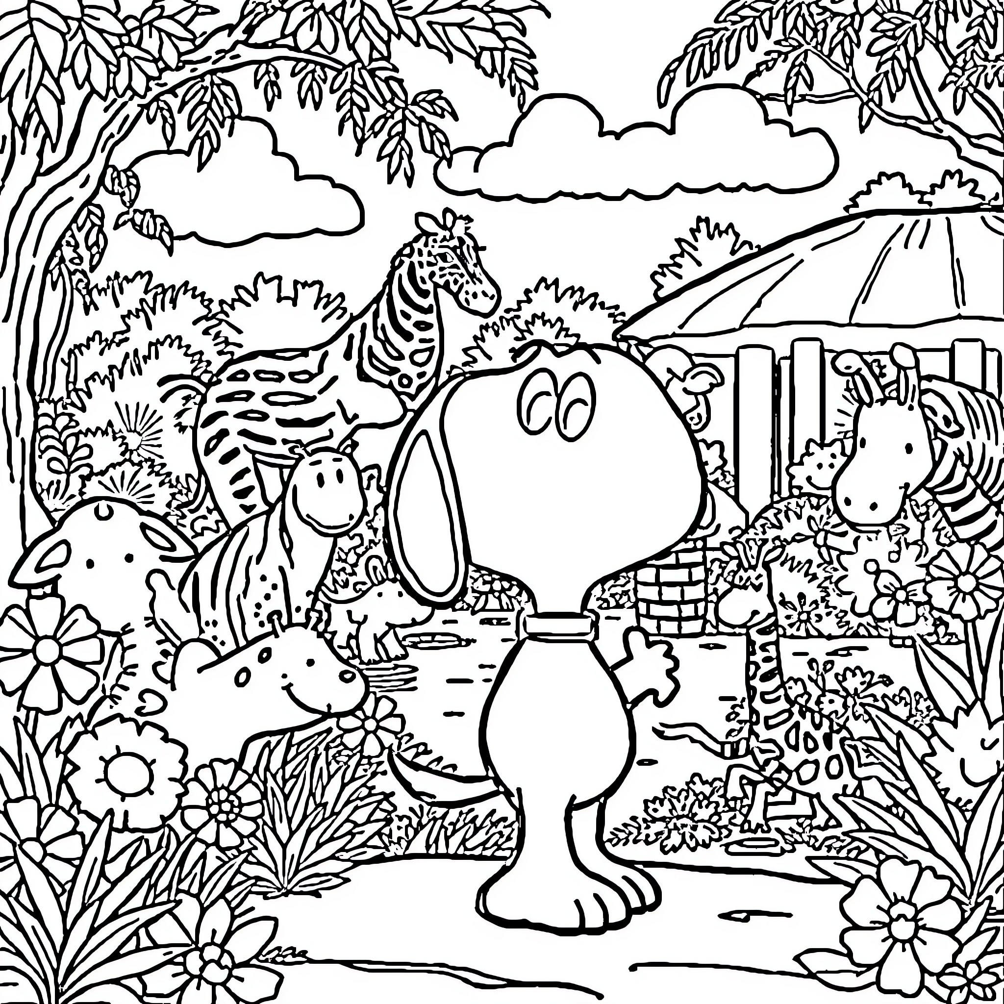 Snoopy and friends explore the vibrant jungle Coloring Page (free black-and-white line drawing printable PDF for all, from beginners to advanced learners, including children, teens, adults, and seniors)
