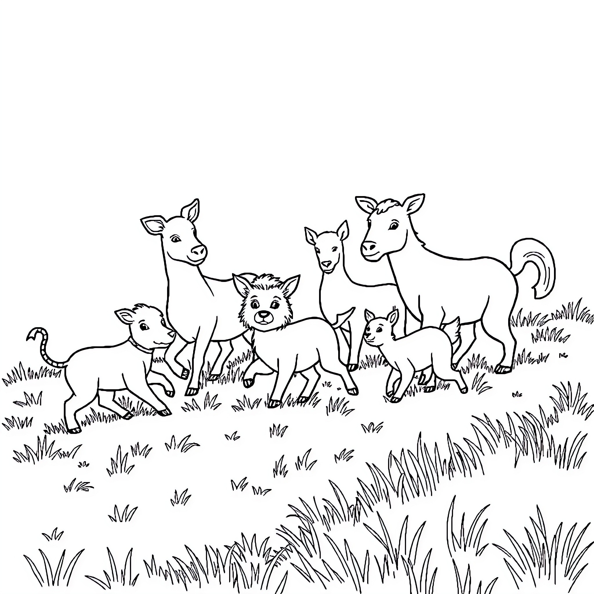 Animal herd grazing peacefully in the meadow Coloring Page (free black-and-white line drawing printable PDF for all, from beginners to advanced learners, including children, teens, adults, and seniors)