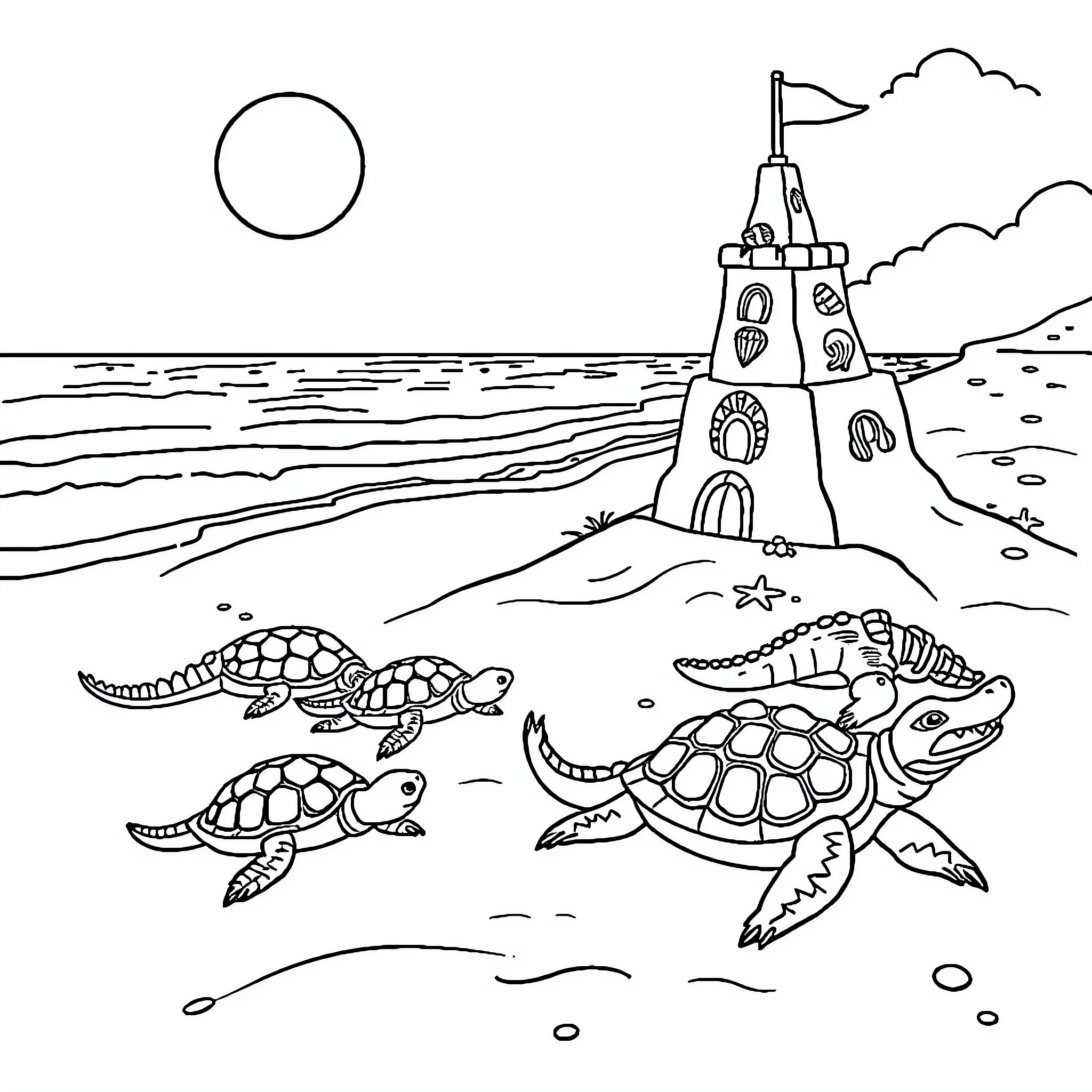 Beach scene with sand castle and sea turtles Coloring Page (free black-and-white line drawing printable PDF for all, from beginners to advanced learners, including children, teens, adults, and seniors)