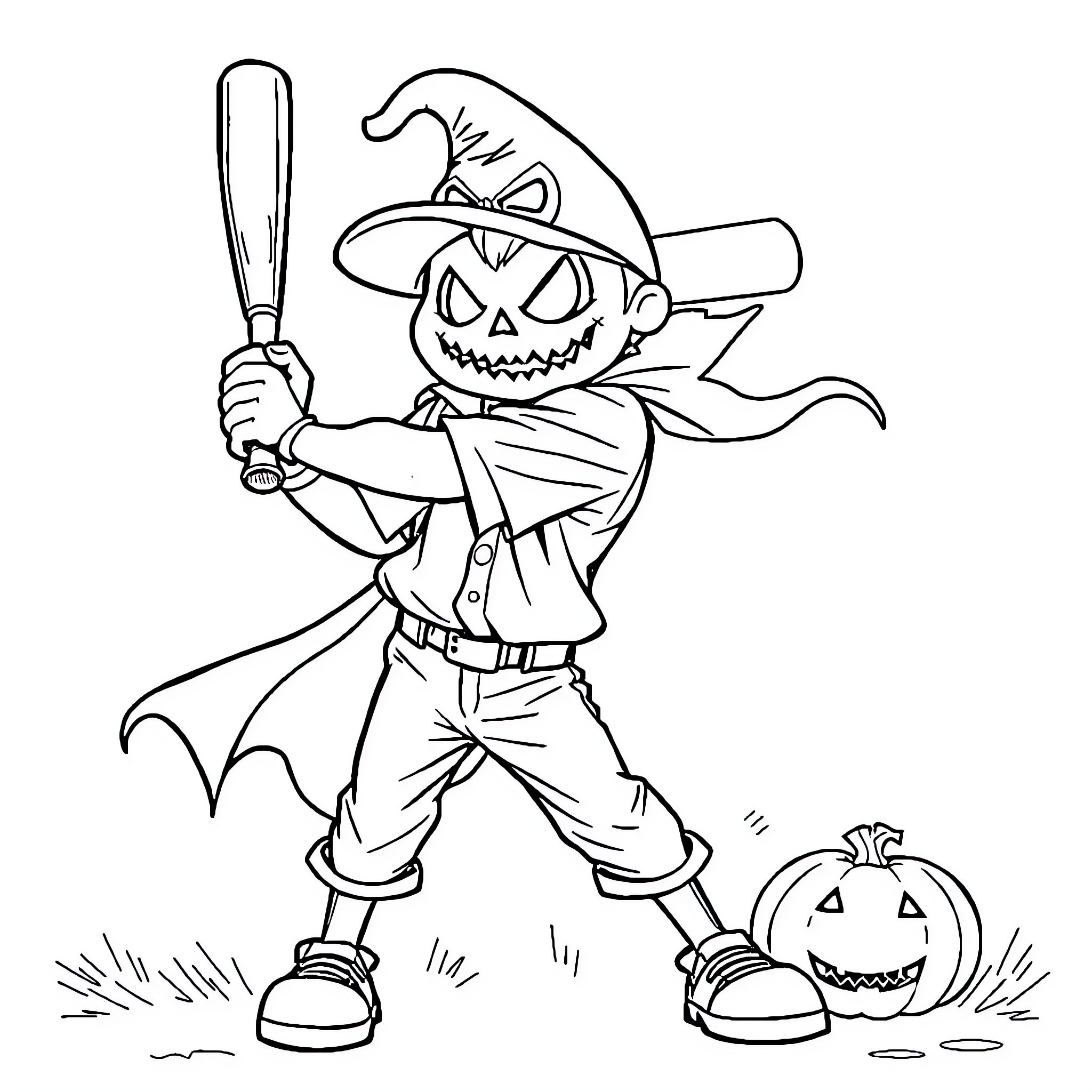 Halloween Baseball Player Holding Bat with Pumpkin Coloring Page (free black-and-white line drawing printable PDF for all, from beginners to advanced learners, including children, teens, adults, and seniors)