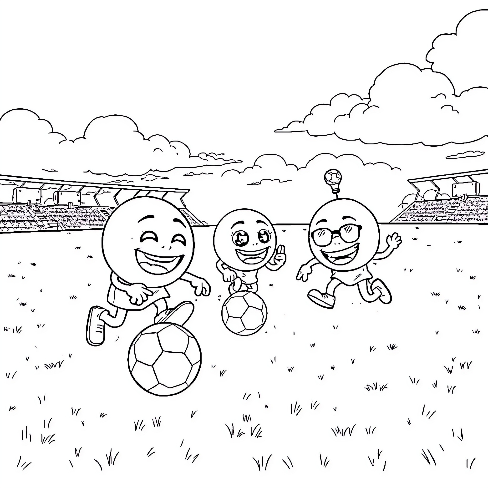 Emoji Soccer Players Kicking Balls in Stadium Coloring Page (free black-and-white line drawing printable PDF for all, from beginners to advanced learners, including children, teens, adults, and seniors)
