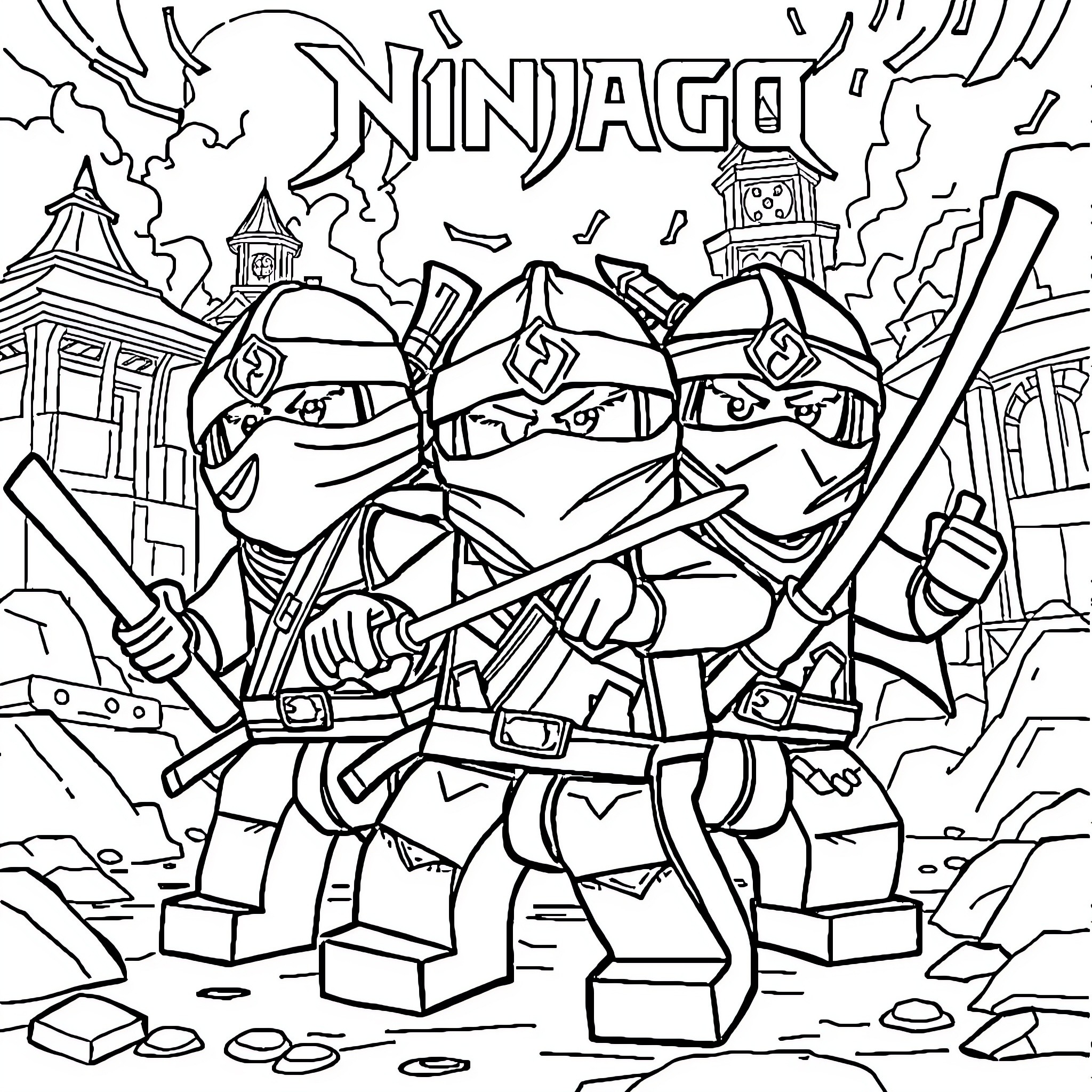 Ninjago ninjas in action on city street Coloring Page (free black-and-white line drawing printable PDF for all, from beginners to advanced learners, including children, teens, adults, and seniors)