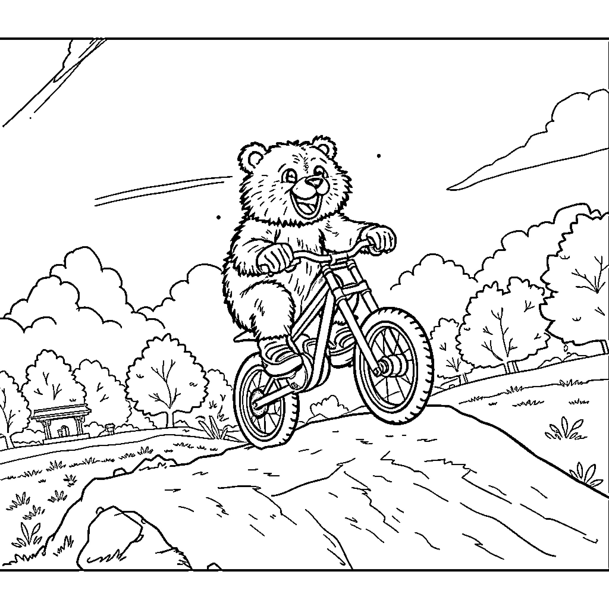 Bear enjoying a bicycle ride in the outdoors Coloring Page (free black-and-white line drawing printable PDF for all, from beginners to advanced learners, including children, teens, adults, and seniors)