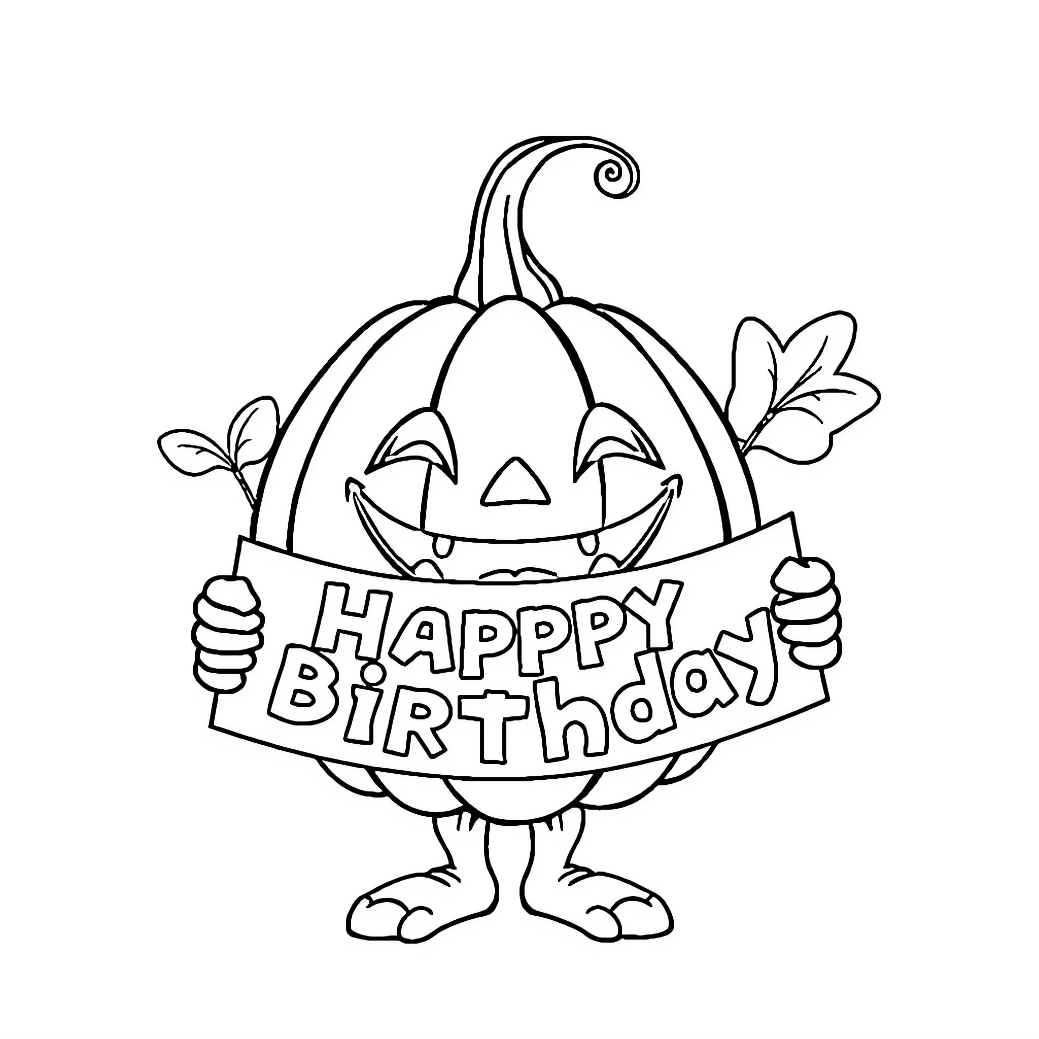 Pumpkin holding 'Happy Birthday' sign Coloring Page (free black-and-white line drawing printable PDF for all, from beginners to advanced learners, including children, teens, adults, and seniors)