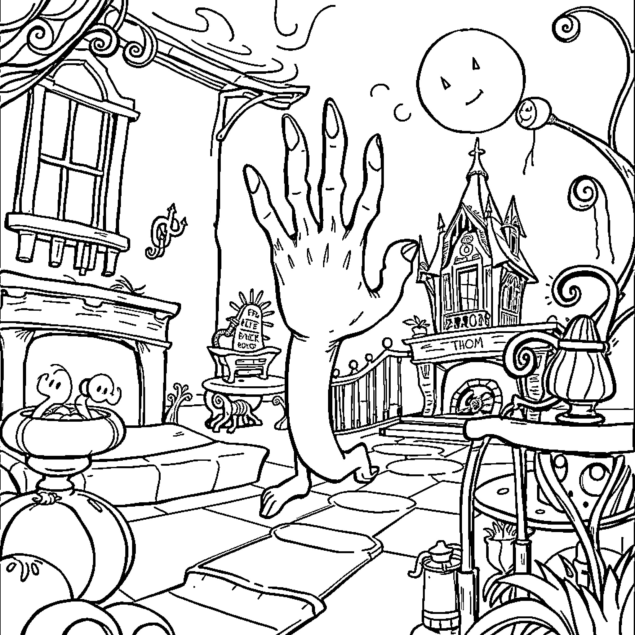 Thing with odd shapes and expressions in a surreal scene Coloring Page (free black-and-white line drawing printable PDF for all, from beginners to advanced learners, including children, teens, adults, and seniors)