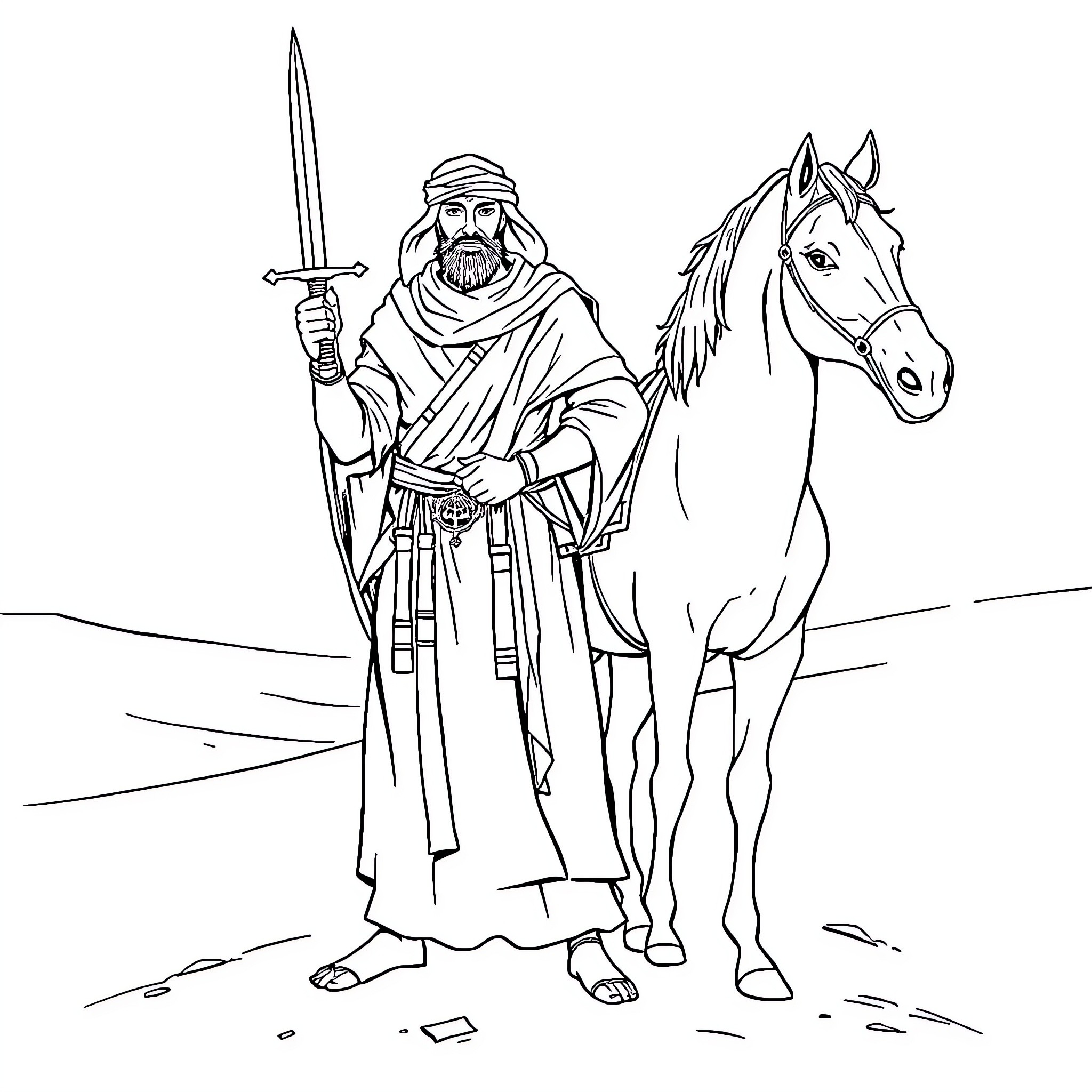 Warrior with sword and horse in the desert Coloring Page (free black-and-white line drawing printable PDF for all, from beginners to advanced learners, including children, teens, adults, and seniors)