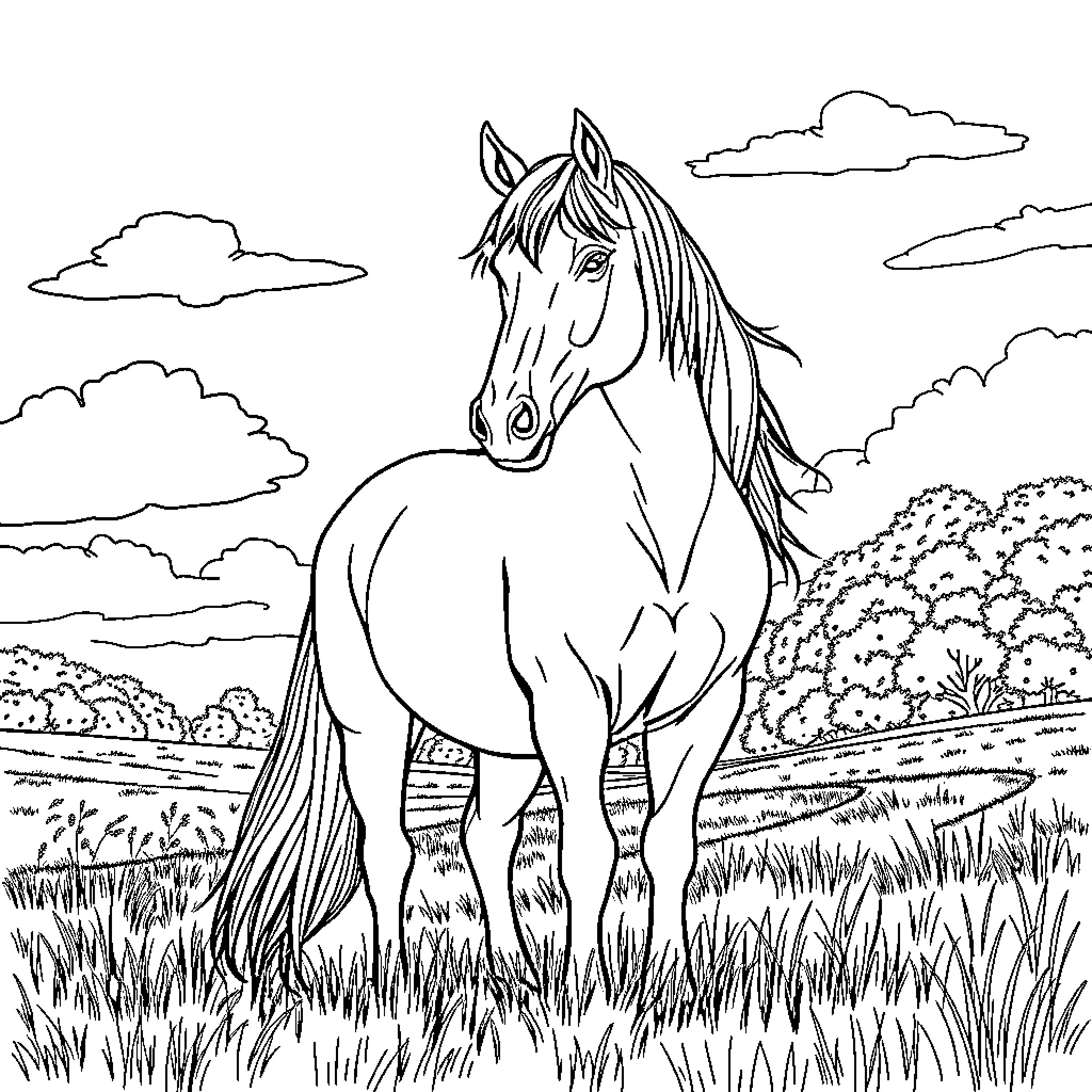Horse standing gracefully in a scenic meadow Coloring Page (free black-and-white line drawing printable PDF for all, from beginners to advanced learners, including children, teens, adults, and seniors)
