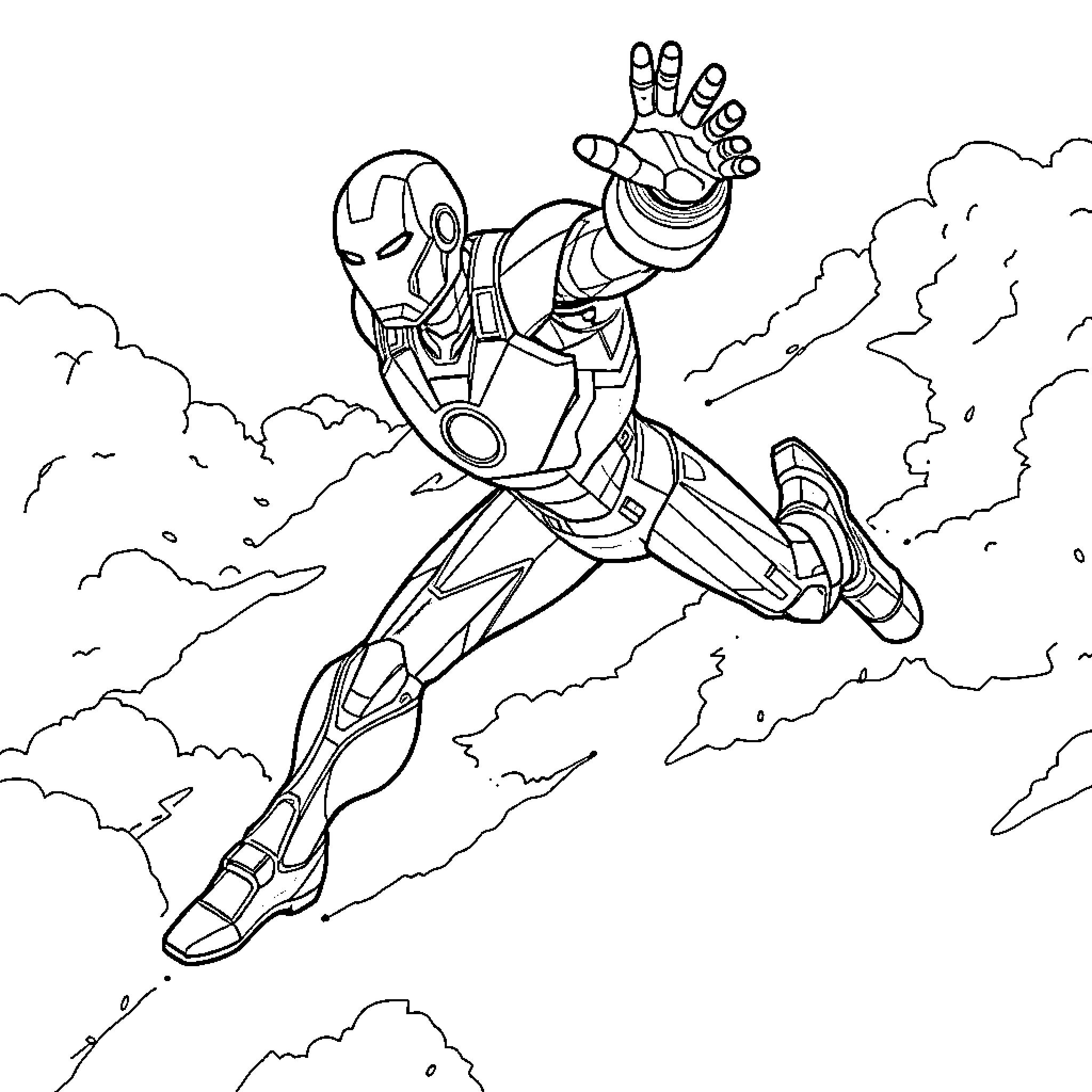 Ironman soaring through the clouds in action Coloring Page (free black-and-white line drawing printable PDF for all, from beginners to advanced learners, including children, teens, adults, and seniors)