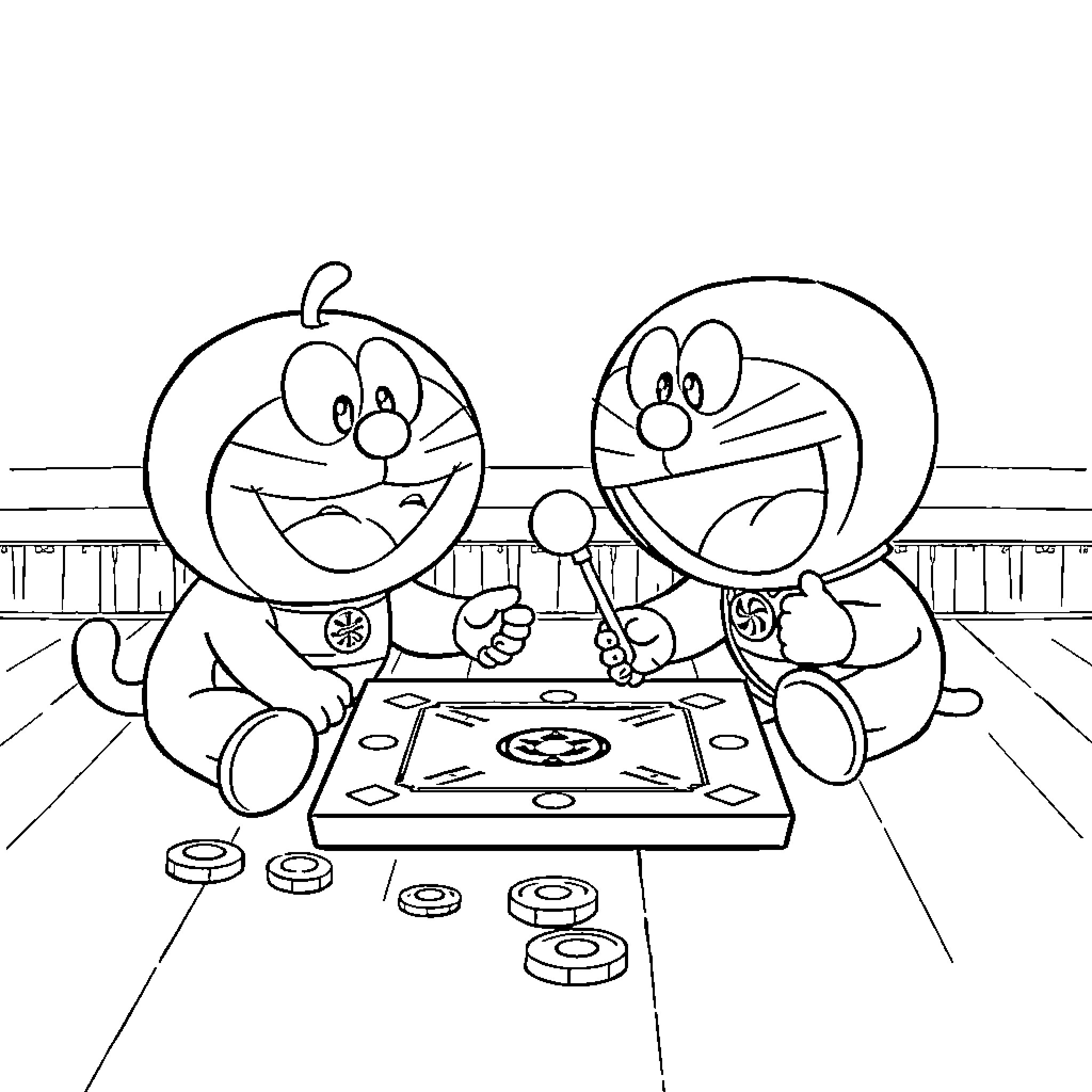 Doraemon characters playing a board game together happily Coloring Page (free black-and-white line drawing printable PDF for all, from beginners to advanced learners, including children, teens, adults, and seniors)