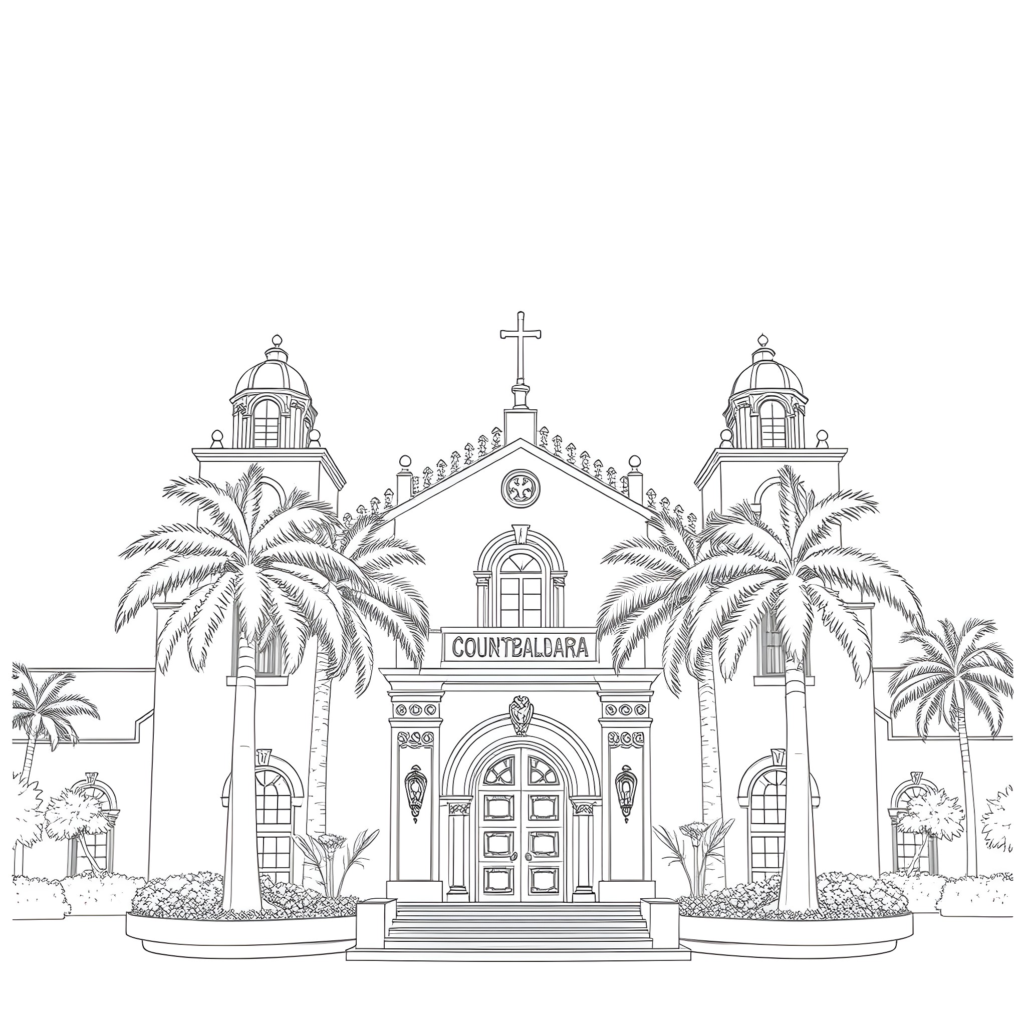 Courthouse with ornate architecture and palm trees Coloring Page (free black-and-white line drawing printable PDF for all, from beginners to advanced learners, including children, teens, adults, and seniors)