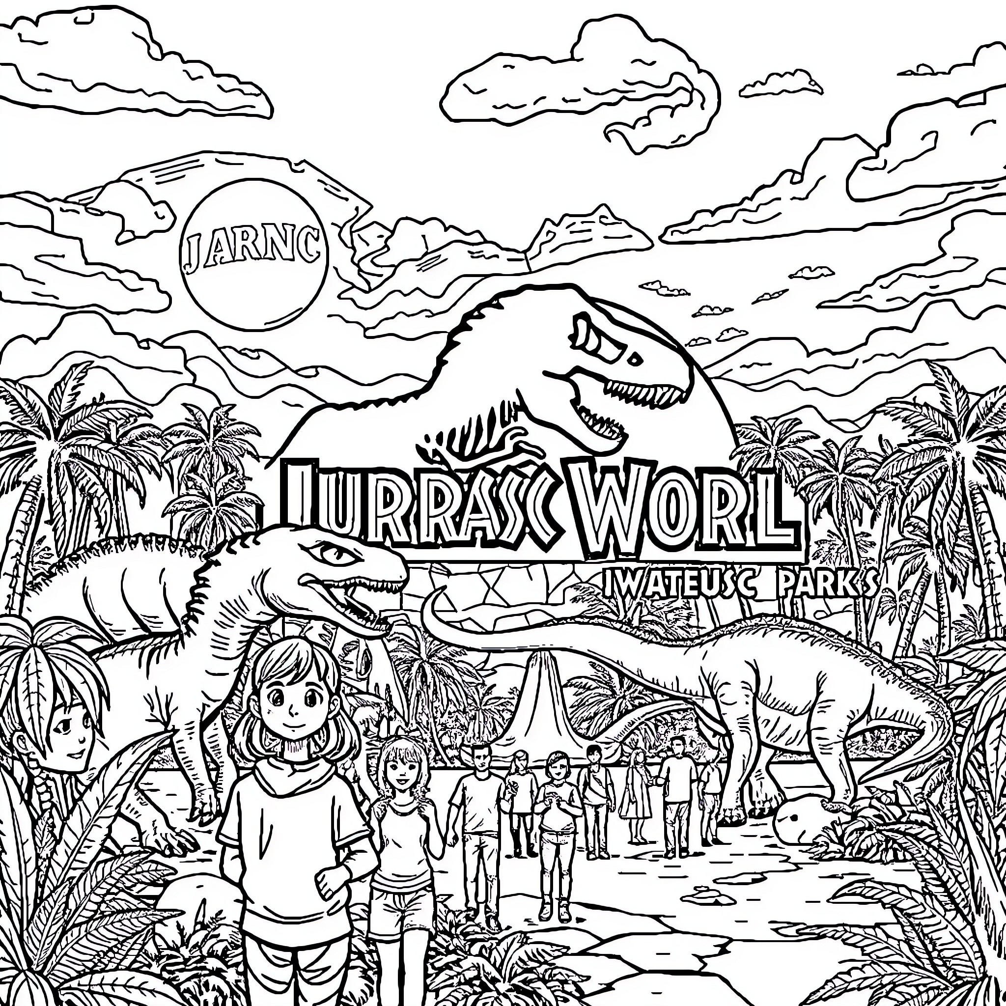 Dinosaur adventure in Jurassic World theme park Coloring Page (free black-and-white line drawing printable PDF for all, from beginners to advanced learners, including children, teens, adults, and seniors)