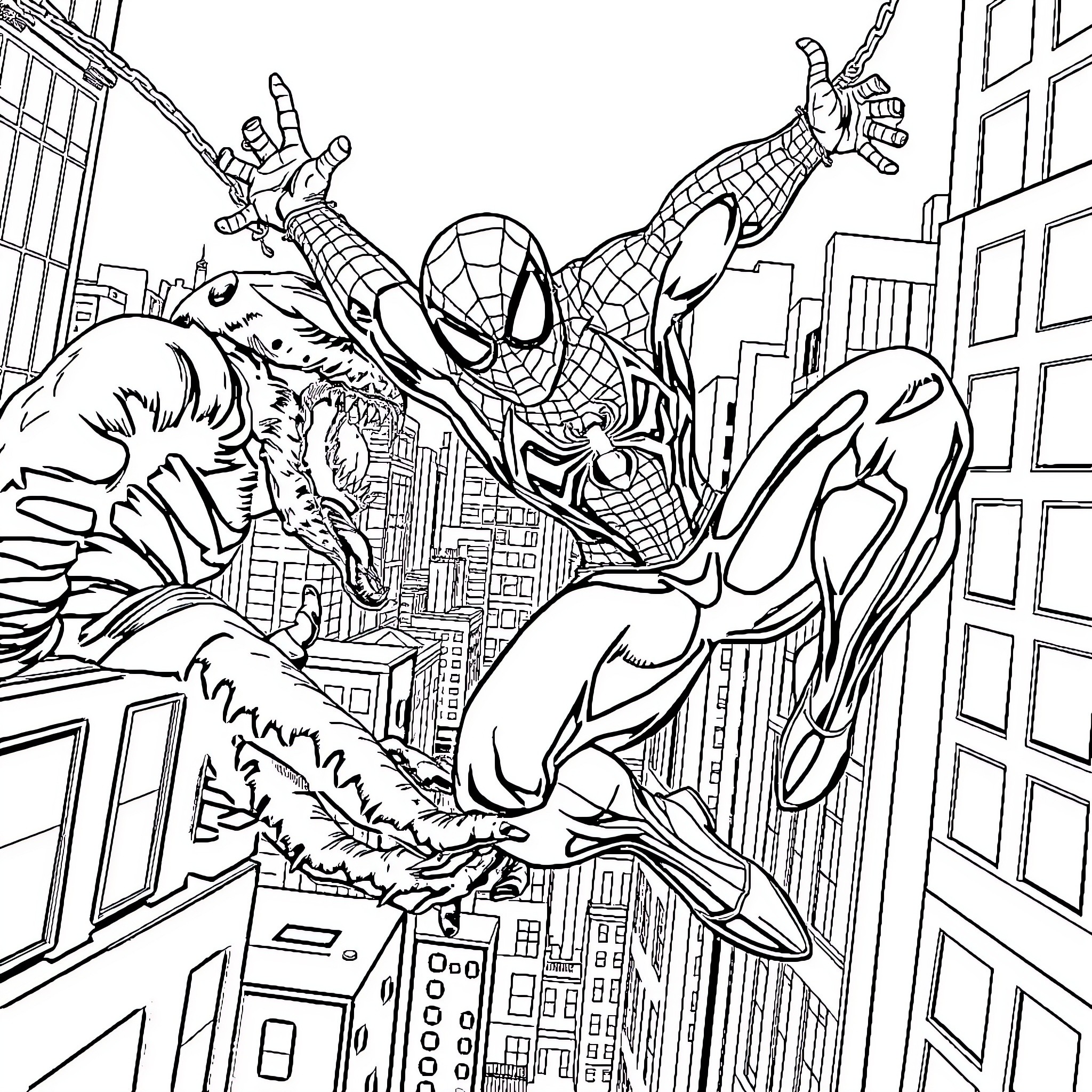 Spider-Man swinging through the city skyline Coloring Page (free black-and-white line drawing printable PDF for all, from beginners to advanced learners, including children, teens, adults, and seniors)