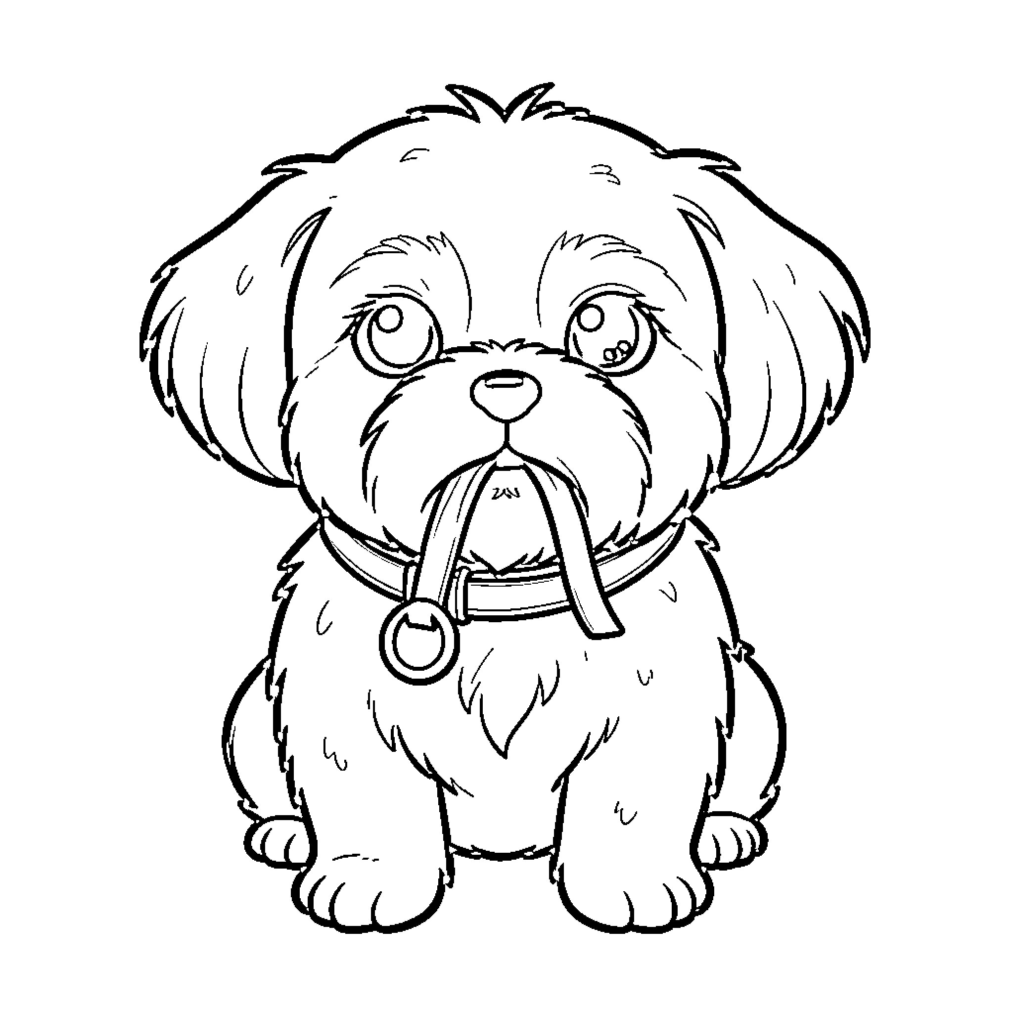 Shih Tzu dog wearing a harness Coloring Page (free black-and-white line drawing printable PDF for all, from beginners to advanced learners, including children, teens, adults, and seniors)