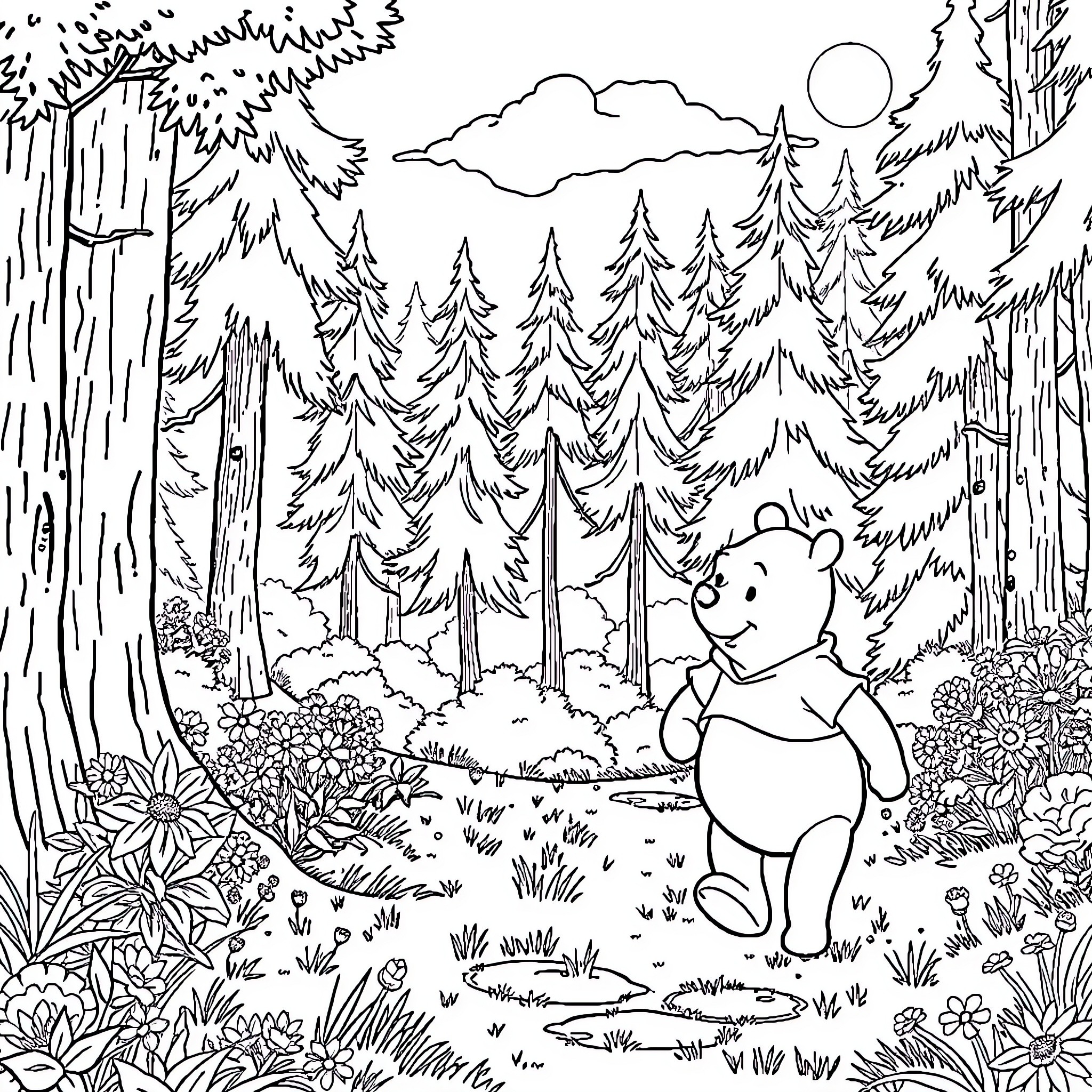 Winnie The Pooh enjoys a peaceful forest adventure Coloring Page (free black-and-white line drawing printable PDF for all, from beginners to advanced learners, including children, teens, adults, and seniors)