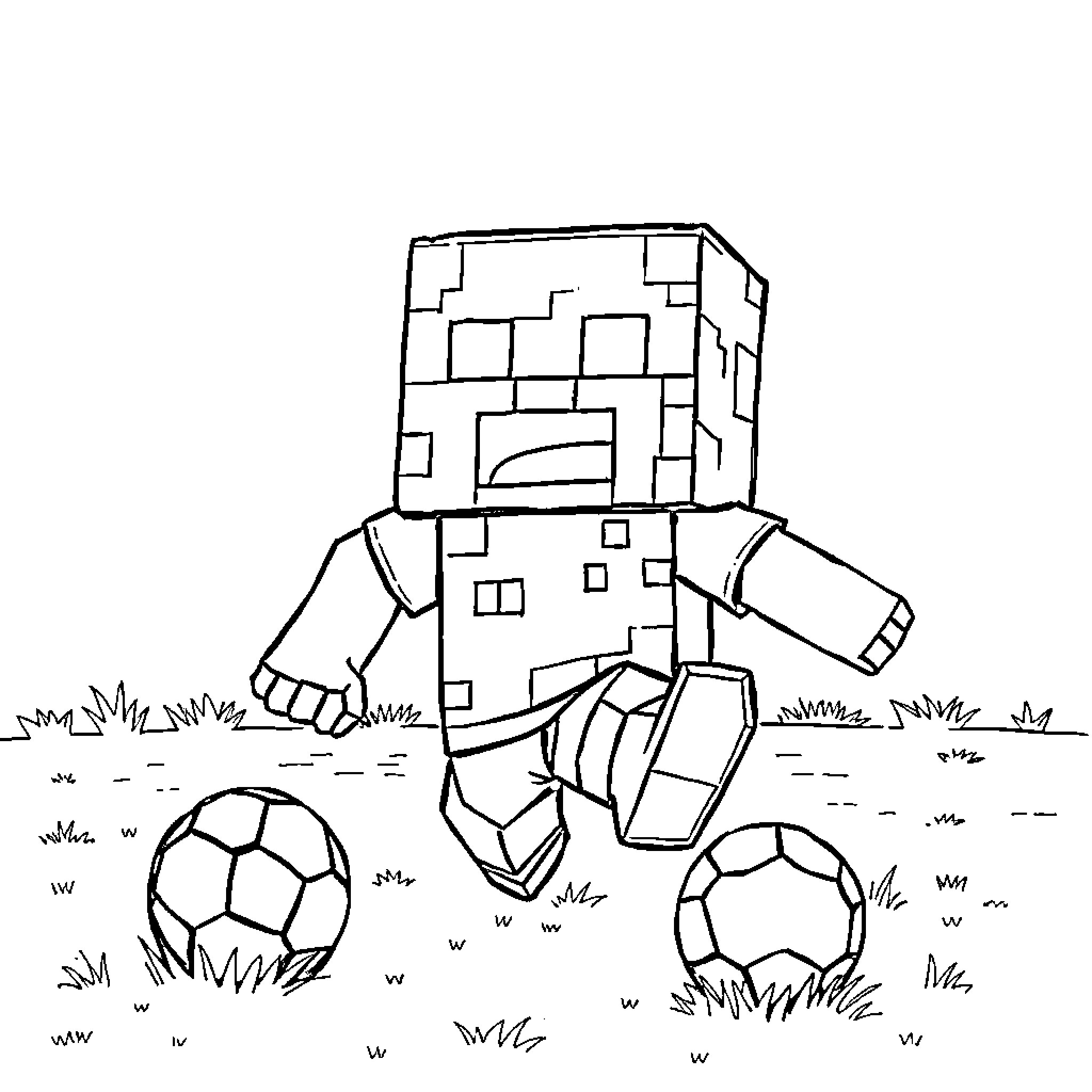 Creeper playing with soccer balls in the park Coloring Page (free black-and-white line drawing printable PDF for all, from beginners to advanced learners, including children, teens, adults, and seniors)