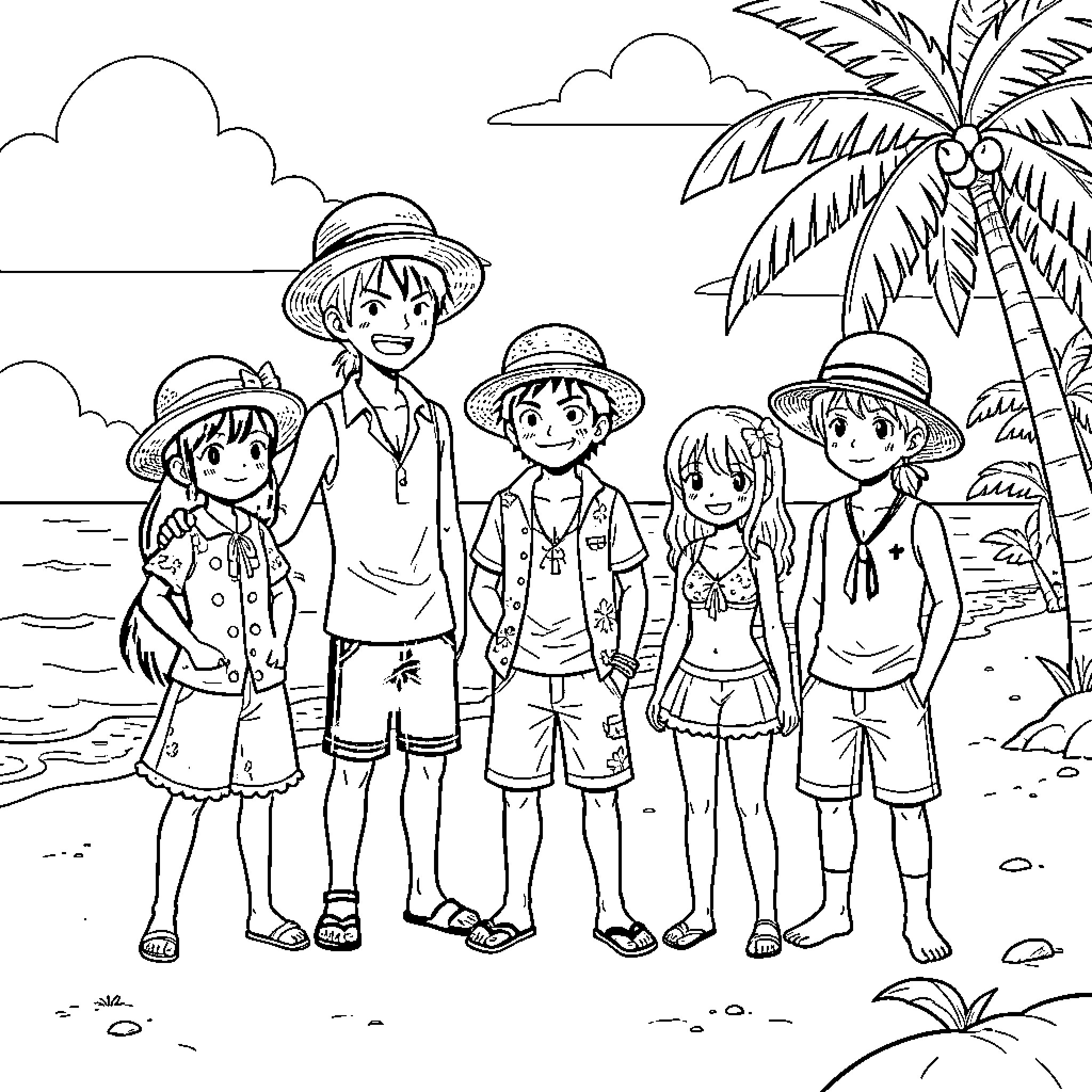 One Piece Characters on a Tropical Beach Coloring Page (free black-and-white line drawing printable PDF for all, from beginners to advanced learners, including children, teens, adults, and seniors)