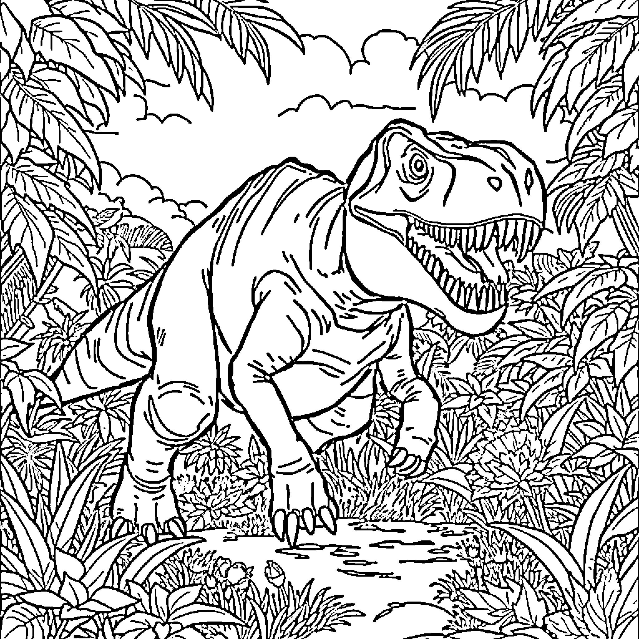 Dinosaur in a lush jungle landscape Coloring Page (free black-and-white line drawing printable PDF for all, from beginners to advanced learners, including children, teens, adults, and seniors)