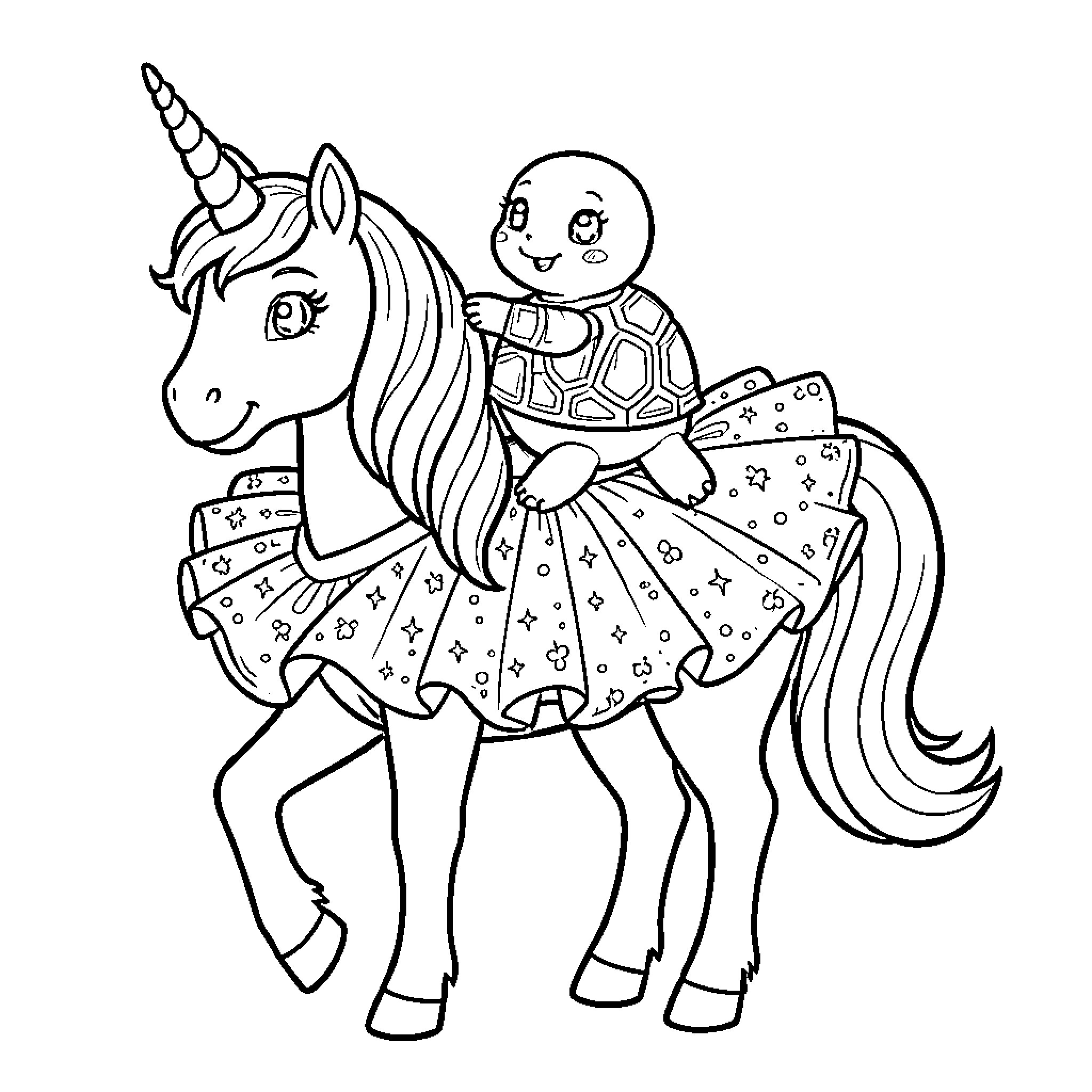 Turtle riding a magical unicorn Coloring Page (free black-and-white line drawing printable PDF for all, from beginners to advanced learners, including children, teens, adults, and seniors)