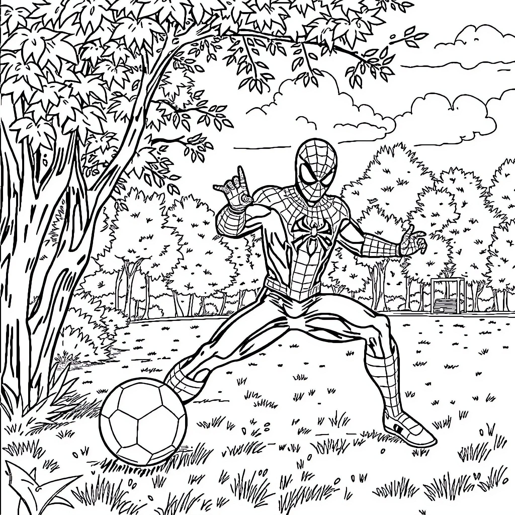 Spiderman playing soccer in the park Coloring Page (free black-and-white line drawing printable PDF for all, from beginners to advanced learners, including children, teens, adults, and seniors)